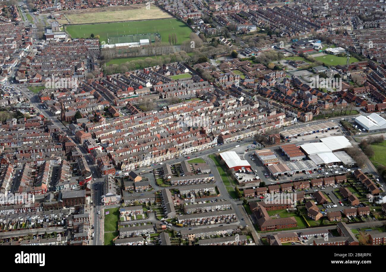 Luftaufnahme des südlichen Anfield-Gebiets von Liverpool um die Belmont Road Stockfoto