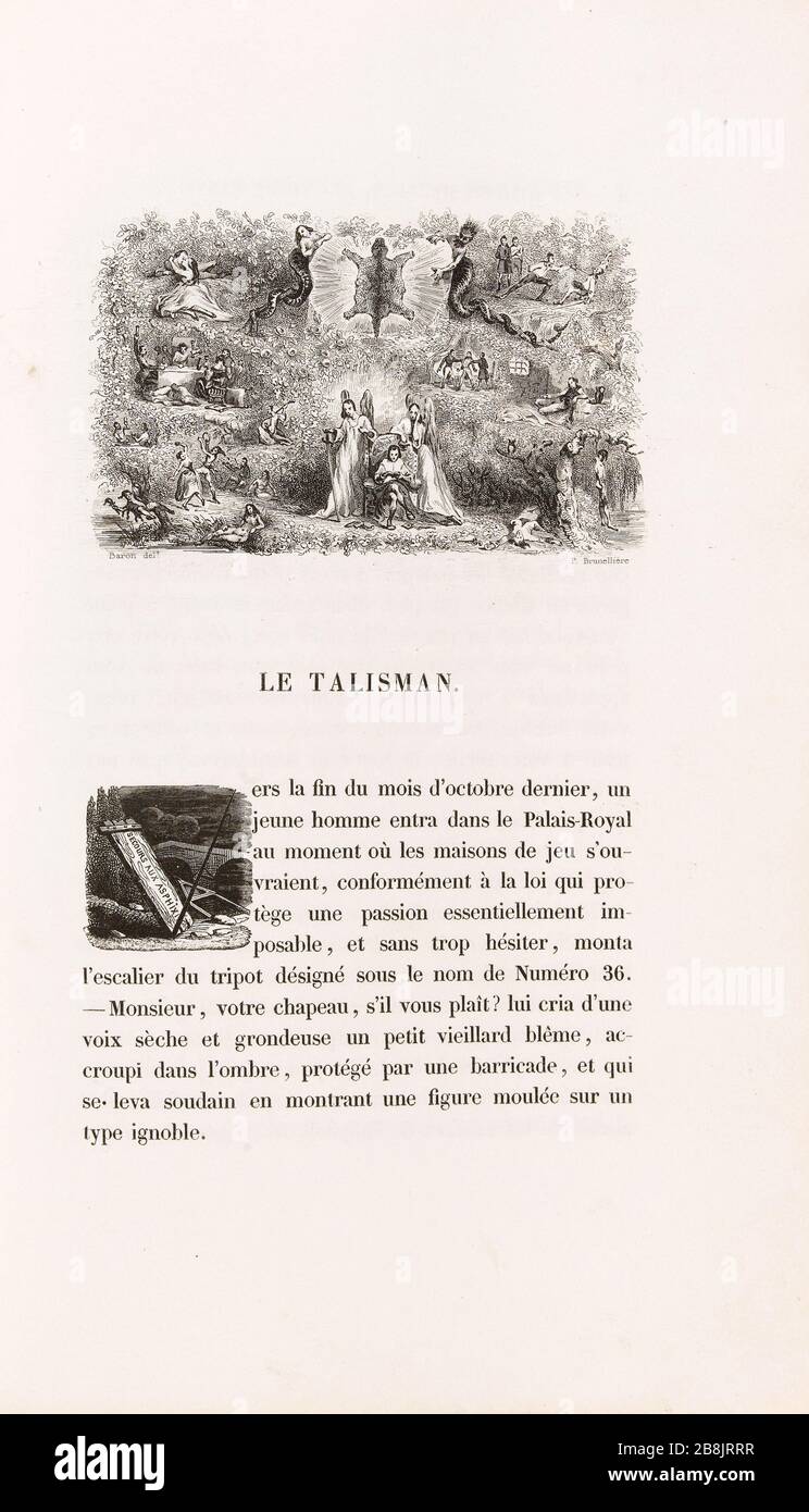 [Gründe, die das Leben von Raphael Valentin illustrieren] Henri-Charles-Antoine Baron (1816-1885) et Prosper Aimé Marie Brunellière (né en 1805er). 'La Peau de chagrin', roman d'Honoré de Balzac (1799-1850), édition illustrie. "Motifs illustrant la vie de Raphaël de Valentin". Tiefdruck sur acier. Edition H. Delloye et Victor Lecou, im Jahr 1838. Paris, Maison de Balzac. Stockfoto