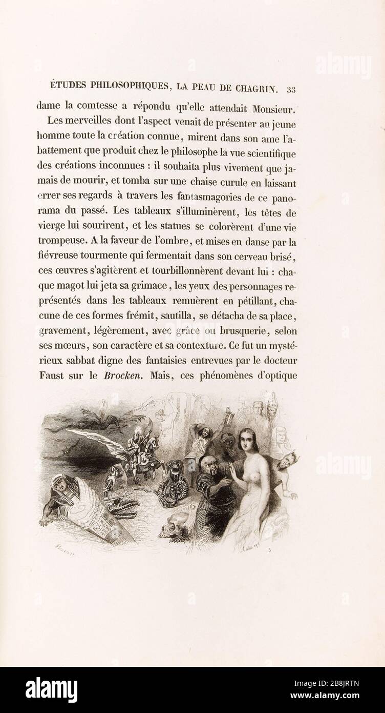 [Fantastischer Reverie] Henri-Charles-Antoine Baron (1816-1885) et Adolphe Torlet. 'La Peau de chagrin', roman d'Honoré de Balzac (1799-1850), édition illustrie. "Rêverie fantastique". Eau-forte. Edition H. Delloye et Victor Lecou, im Jahr 1838. Paris, Maison de Balzac. Stockfoto