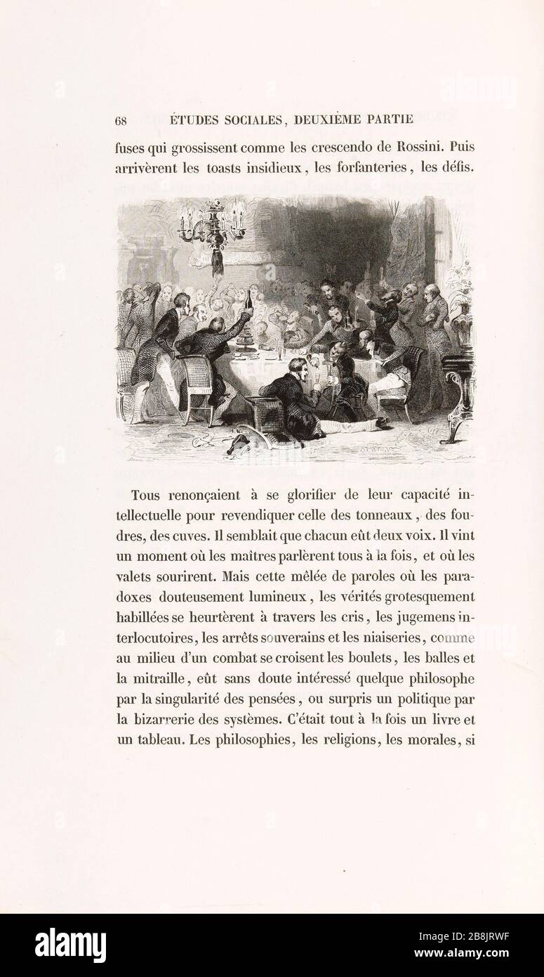 [Fest] Henri-Charles-Antoine Baron (1816-1885) et Moret. 'La Peau de chagrin', roman d'Honoré de Balzac (1799-1850), édition illustrie. "Le Bankett". Tiefdruck sur acier. Edition H. Delloye et Victor Lecou, im Jahr 1838. Paris, Maison de Balzac. Stockfoto