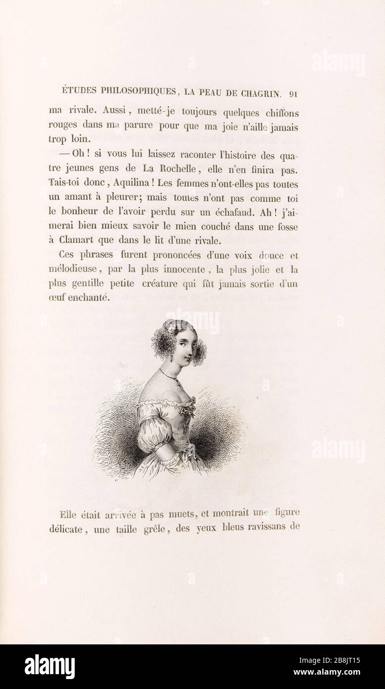 [Euphrasie] Anonyme. 'La Peau de chagrin', roman d'Honoré de Balzac (1799-1850), édition illustrie. "Euphrasie". Tiefdruck sur acier. Edition H. Delloye et Victor Lecou, im Jahr 1838. Paris, Maison de Balzac. Stockfoto