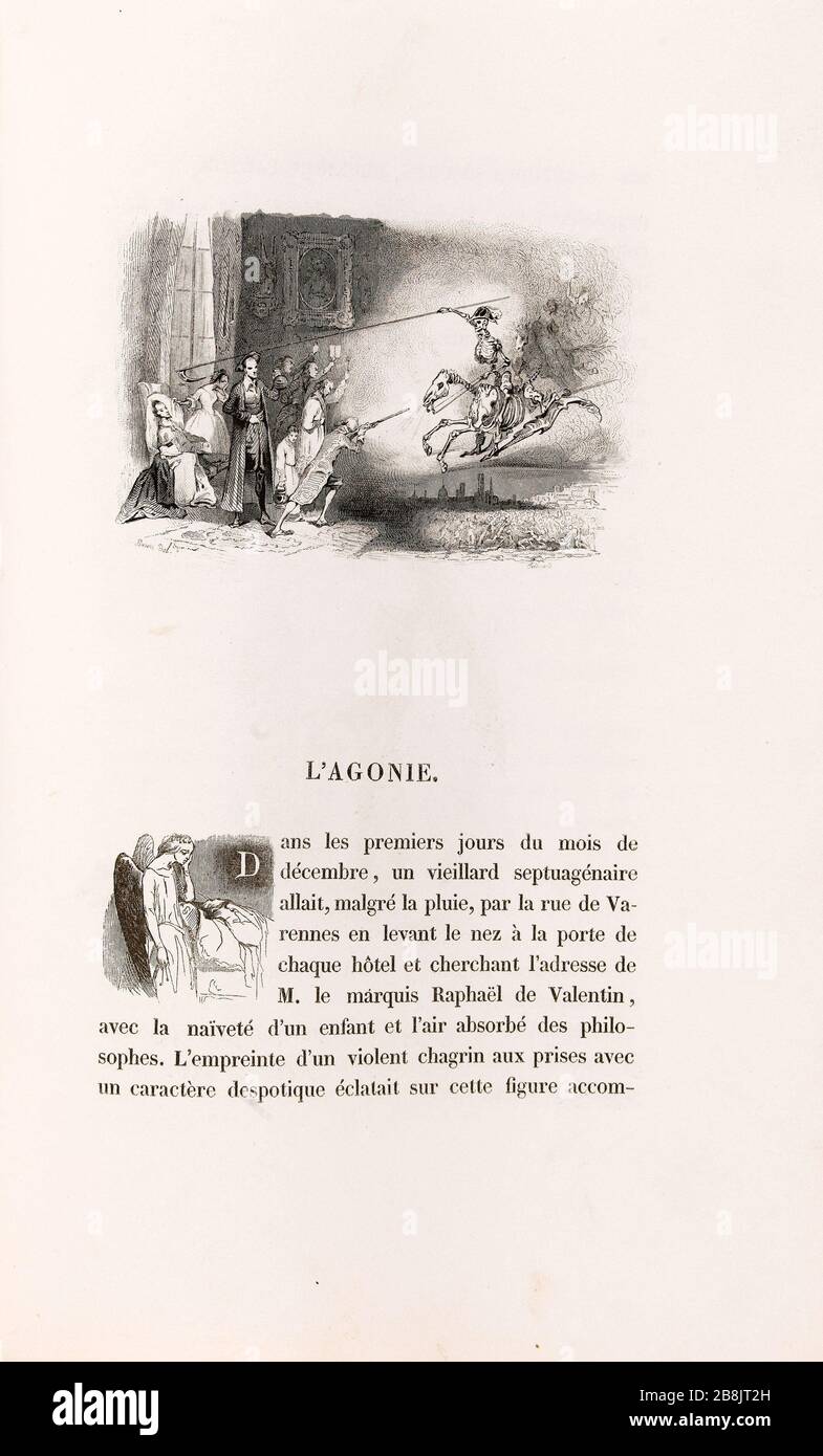 [Fantastische Kampfszene] Henri-Charles-Antoine Baron (1816-1885) et Ferdinand. 'La Peau de chagrin', roman d'Honoré de Balzac (1799-1850), édition illustrie. "cène de Combat fantastique". Tiefdruck sur acier. Edition H. Delloye et Victor Lecou, im Jahr 1838. Paris, Maison de Balzac. Stockfoto