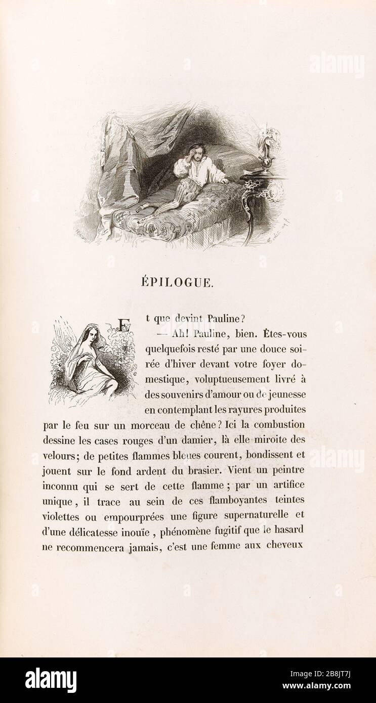 [Männlich auf einem Bett liegend] Henri-Charles-Antoine Baron (1816-1885) et Adolphe Torlet. 'La Peau de chagrin', roman d'Honoré de Balzac (1799-1850), édition illustrie. "Homme allongé sur un Lit". Tiefdruck sur acier. Edition H. Delloye et Victor Lecou, im Jahr 1838. Paris, Maison de Balzac. Stockfoto