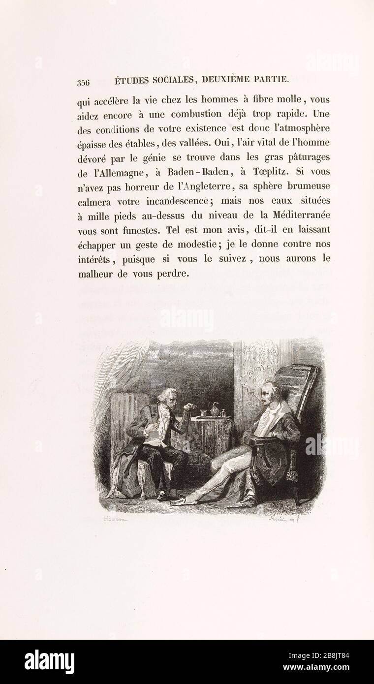 [Raphael de Valentin und der Doktor Waters] Henri-Charles-Antoine Baron (1816-1885) et Adolphe Torlet. 'La Peau de chagrin', roman d'Honoré de Balzac (1799-1850), édition illustrie. "Raphaël de Valentin et le médecin des Eaux". Tiefdruck sur acier. Edition H. Delloye et Victor Lecou, im Jahr 1838. Paris, Maison de Balzac. Stockfoto