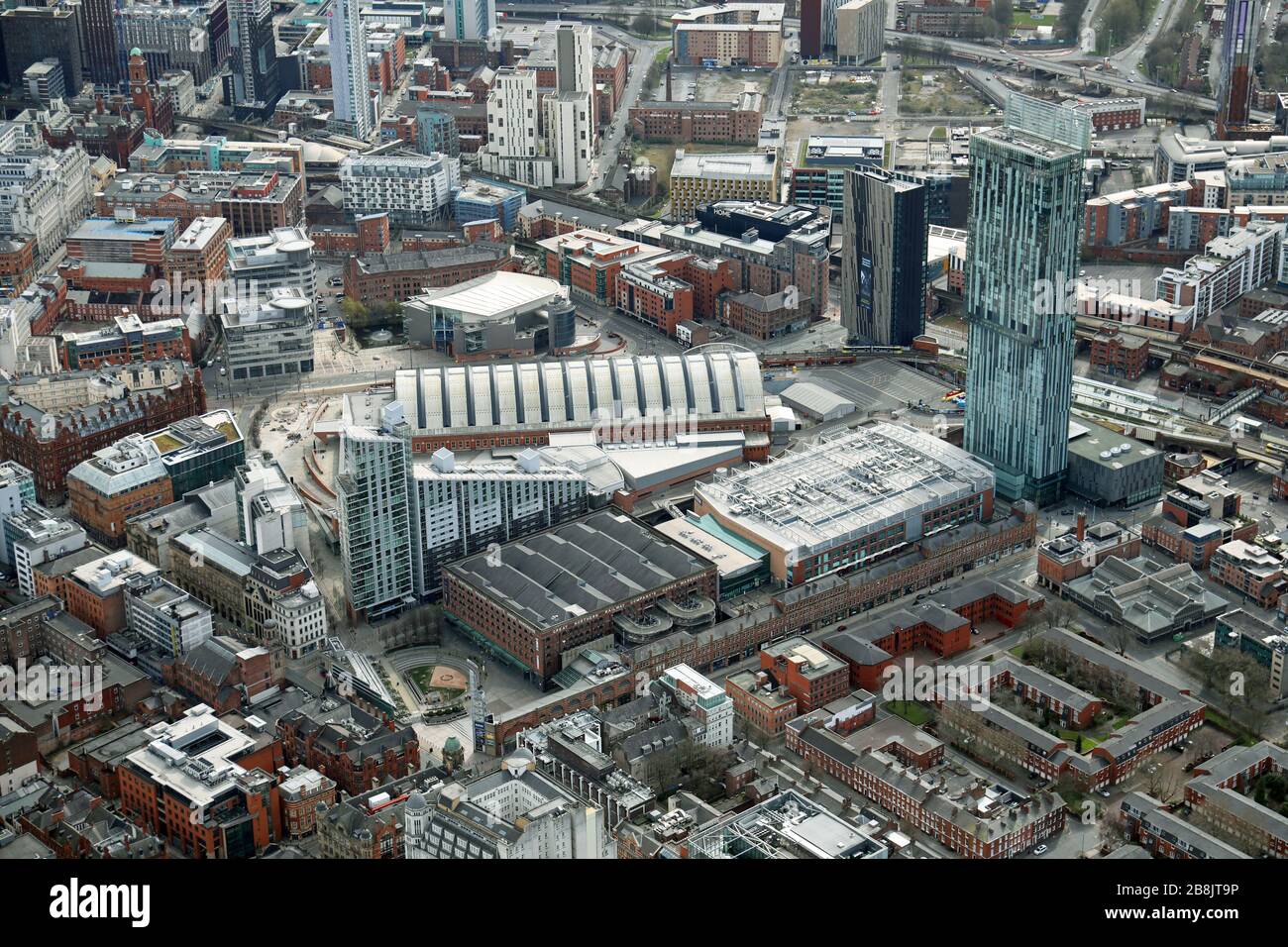 Luftbild zum Manchester Central Convention Center & Great Northern Tower & Beetham Tower, Manchester Stockfoto