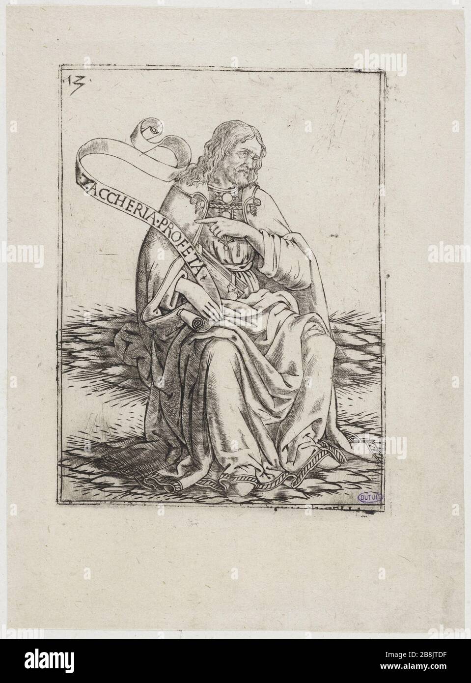 Die Propheten Sacharja. Einundzwanzigste Ausgabe einer Serie von 24 Stück (Bartsch 21) Baccio Baldini (1436-1487). "Les Prophètes, Zaccharie". Vitt-et-unième numéro d'une Suite de 24 pièces (Bartsch 21). Burin. 1450-1485. Musée des Beaux-Arts de la Ville de Paris, Petit Palais. Stockfoto