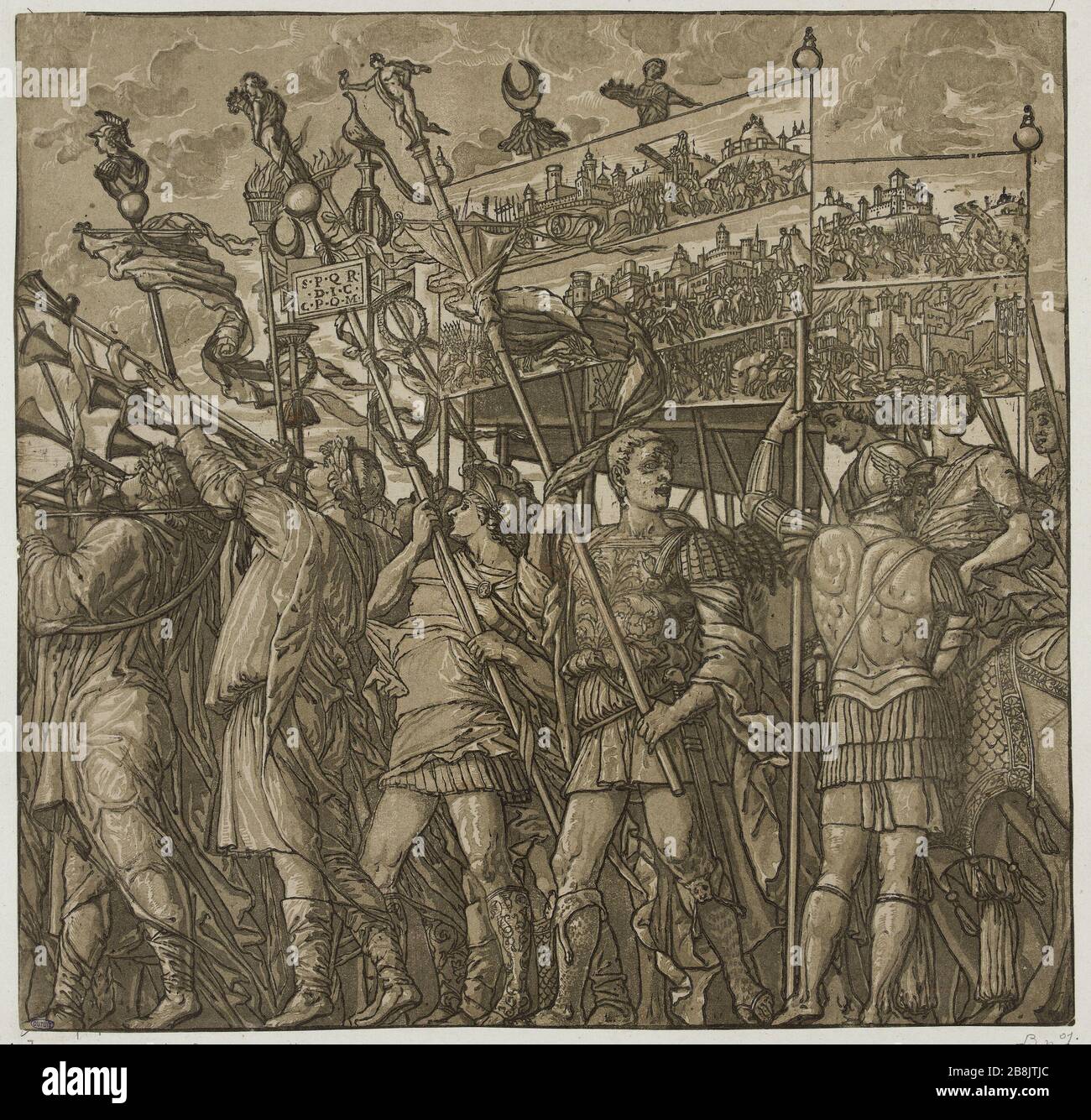 Der Triumph von Julius Cäsar von Mantegna, die römischen Soldaten, die Tische mit Repräsentationssitzen, Schlachten und anderen Kriegsgebieten tragen (Bartsch, Band XII, Abschnitt 6, Nr. 11) Andrea Andreani (actif à Mantoue vers 1540-1623). "Le Triomphe de Jules César", d'après Mantegna: Des soldats rolins portant des tableaux où sont représentés des sièges, batailles et autres sujet de guerre (Bartsch, tome XII, Abschnitt 6, Nr. 11). Bois en Couleur. 1599. Musée des Beaux-Arts de la Ville de Paris, Petit Palais. Stockfoto