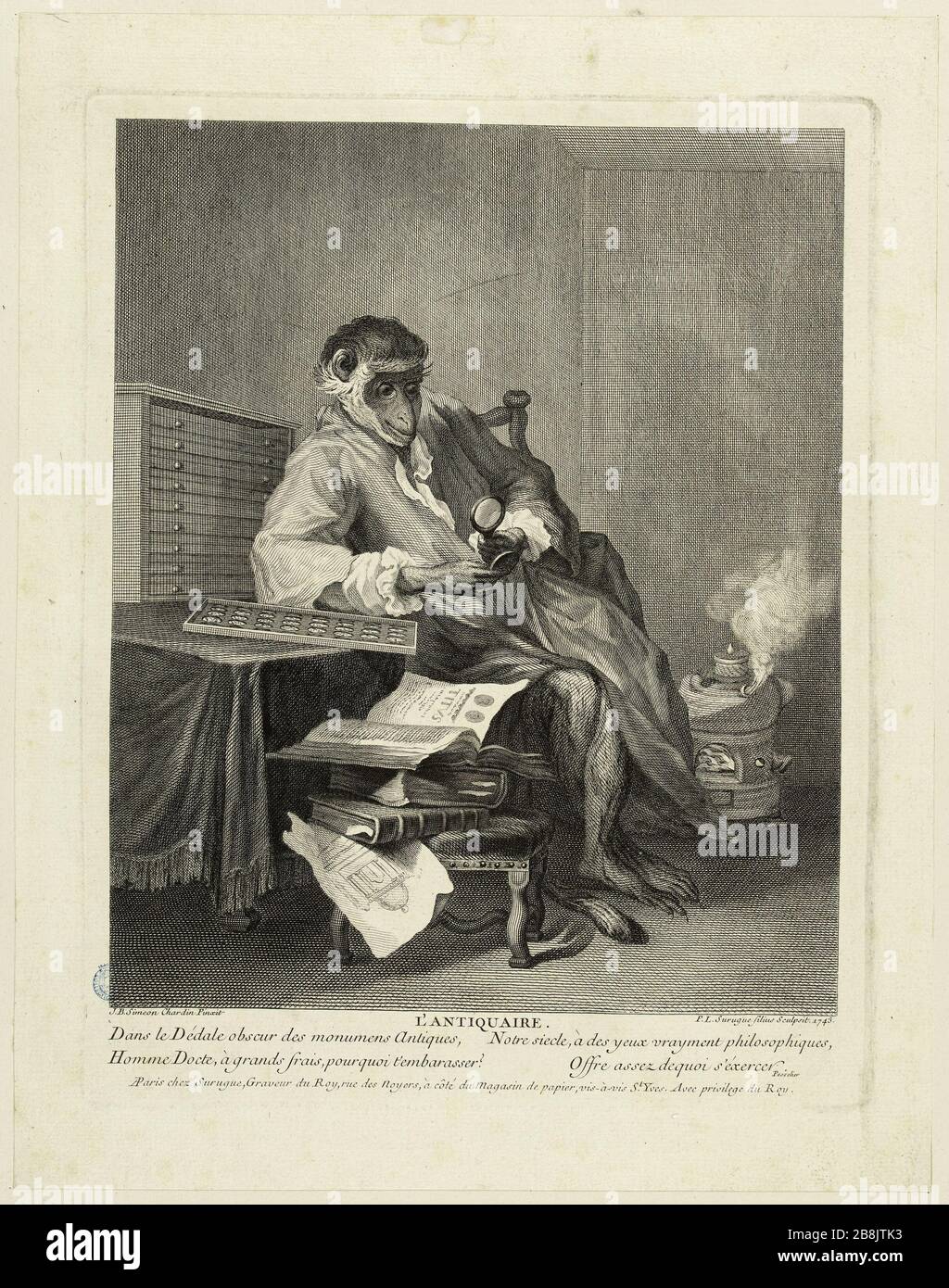 Der Antiquar nach Chardin (Bohre 2; Mariannes Roland Michel XXII S. 277) Pierre-Louis de Surugue (1710-1772er). L'Antiquaire d'après Chardin (Bocher 2; Mariannes Roland Michel XXII S. 277). Burin, 1743. Musée des Beaux-Arts de la Ville de Paris, Petit Palais. Stockfoto