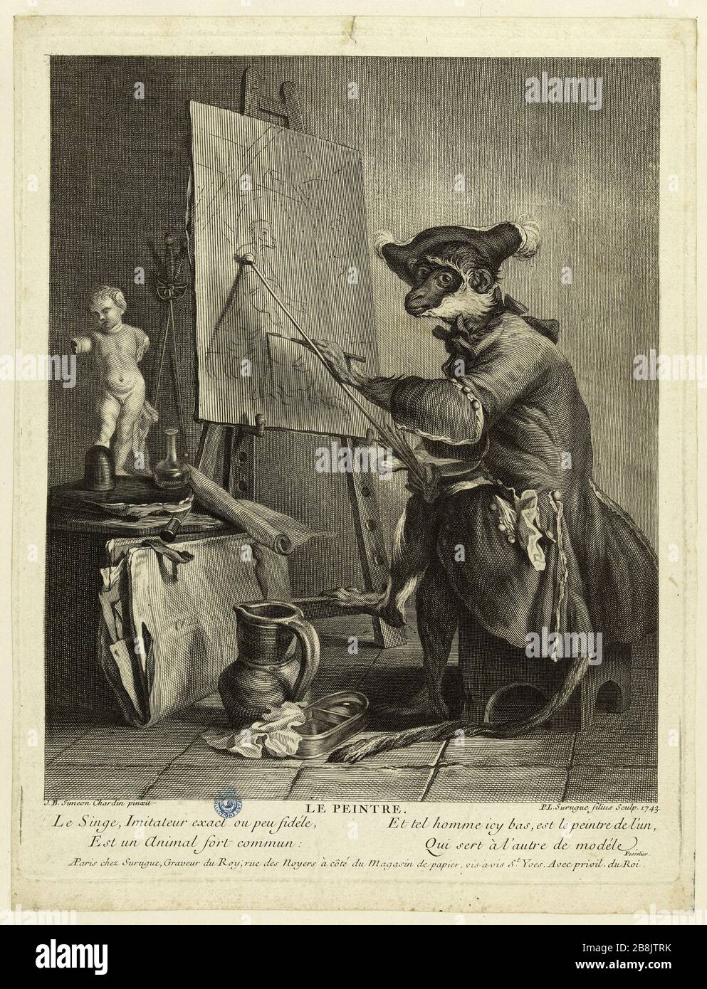 Der Maler nach Chardin (Bohre 42; Mariannes Roland Michel XXIII S.277.) Pierre-Louis de Surugue (1710-1772). Le Peintre d'après Chardin (Bocher 42; Mariannes Roland Michel XXIII S. 277). Burin, 1743. Musée des Beaux-Arts de la Ville de Paris, Petit Palais. Stockfoto