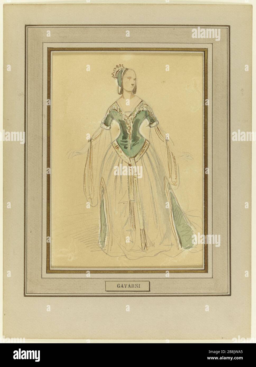 MADAME MELINGUE, ROLLE DER HERZOGIN NATIVA PAZZI IM LAZARUS PATRE (MEHRDEUTIG, 7. NOVEMBER 1840) GAVARNI (1804-66). "Madame Mélingue, rôle de la duchesse Nativa Pazzi dans Lazare le pâtre (Ambigu, 7 novembre 1840)". Aquarelle. Paris, musée Carnavalet. Stockfoto