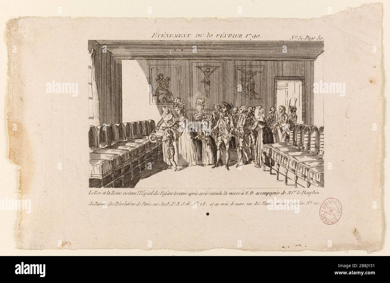 Besuchen Sie das Foundling Hospital von König Ludwig XVI., Königin Marie Antoinette und den Dauphin am Ende der Messe, die unserer Lieben Frau, dem heutigen Place du Parvis Notre Dame, Ile-de-la-Cité, 4. Bezirk, gegeben wurde. Auszug aus dem Journal der Pariser Revolution. Anonyme. Evènement du 10 février, 1701." Visite de l'Hôpital des Enfants trouvés par le roi Louis XVI, la reine Marie-Antoinette et le dauphin au sortir de la messe donnée à Notre-Dame, actuelle Place du Parvis-Notre-Dame, île-de-la-Cité'. Paris (IVème arr.). Extrait du Journal des Révolutions de Paris. Eau-forte, 1714. Paris, musée Carnavalet. Stockfoto
