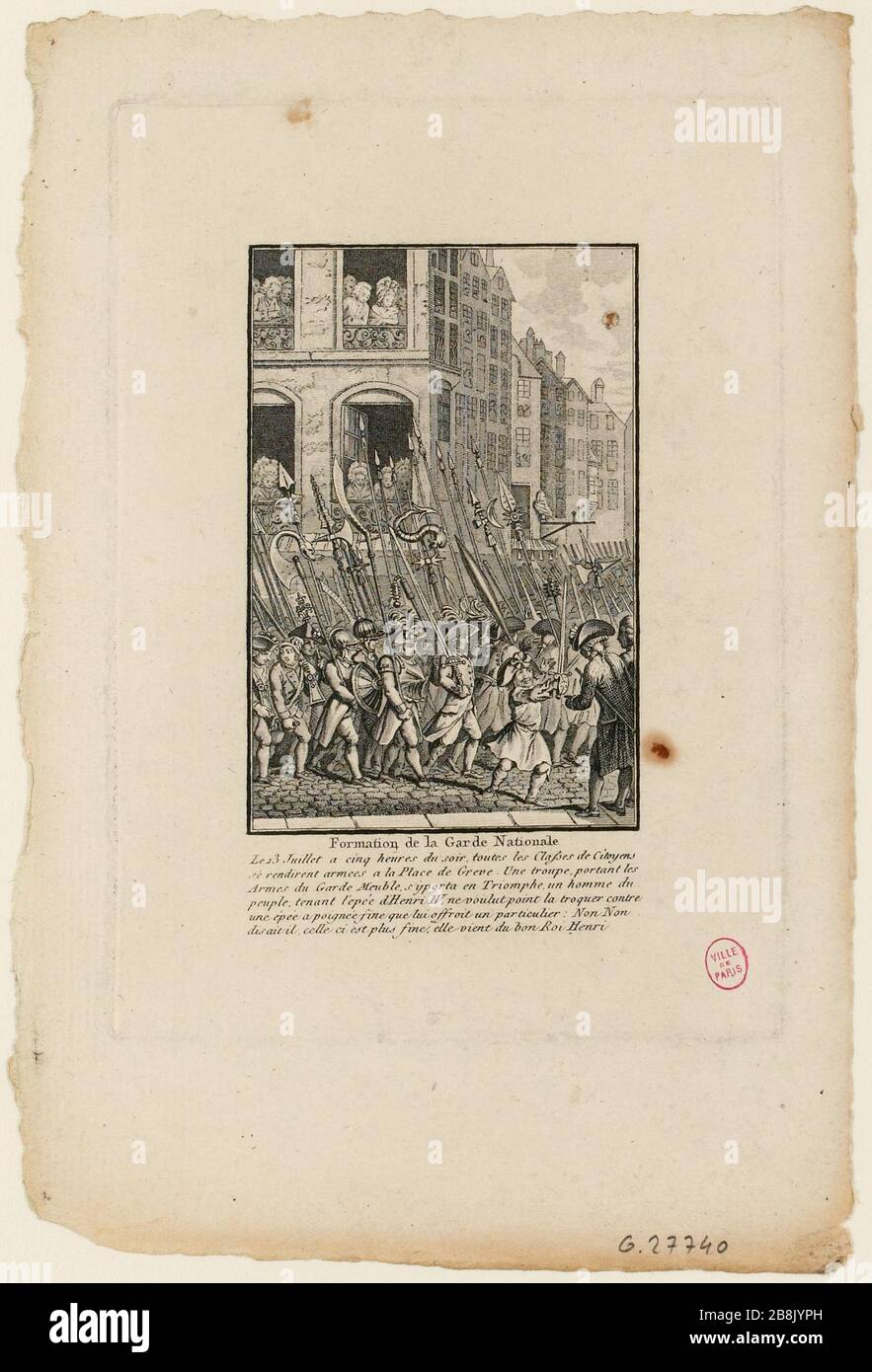 Motley-Prozession nach der Plünderung der Möbelgarde Royal Arms zur Greve, dem heutigen Standort des Rathauses, 4. Bezirk. Juli 1789. (TF) Stockfoto
