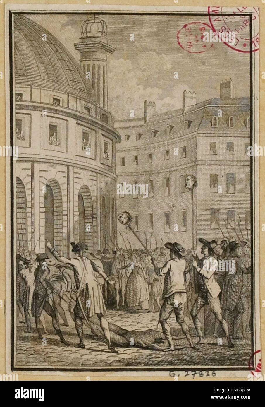 Ohne Titel. Enthauptete Körper und Köpfe, die am Ende der Spaten vor der Corn ausgestellt wurden, aktuelle Rohstoffbörse, rue de Viarmes, 1. Bezirk. Ereignis der französischen Revolution vom 14. Juli 1789. (TF) Stockfoto