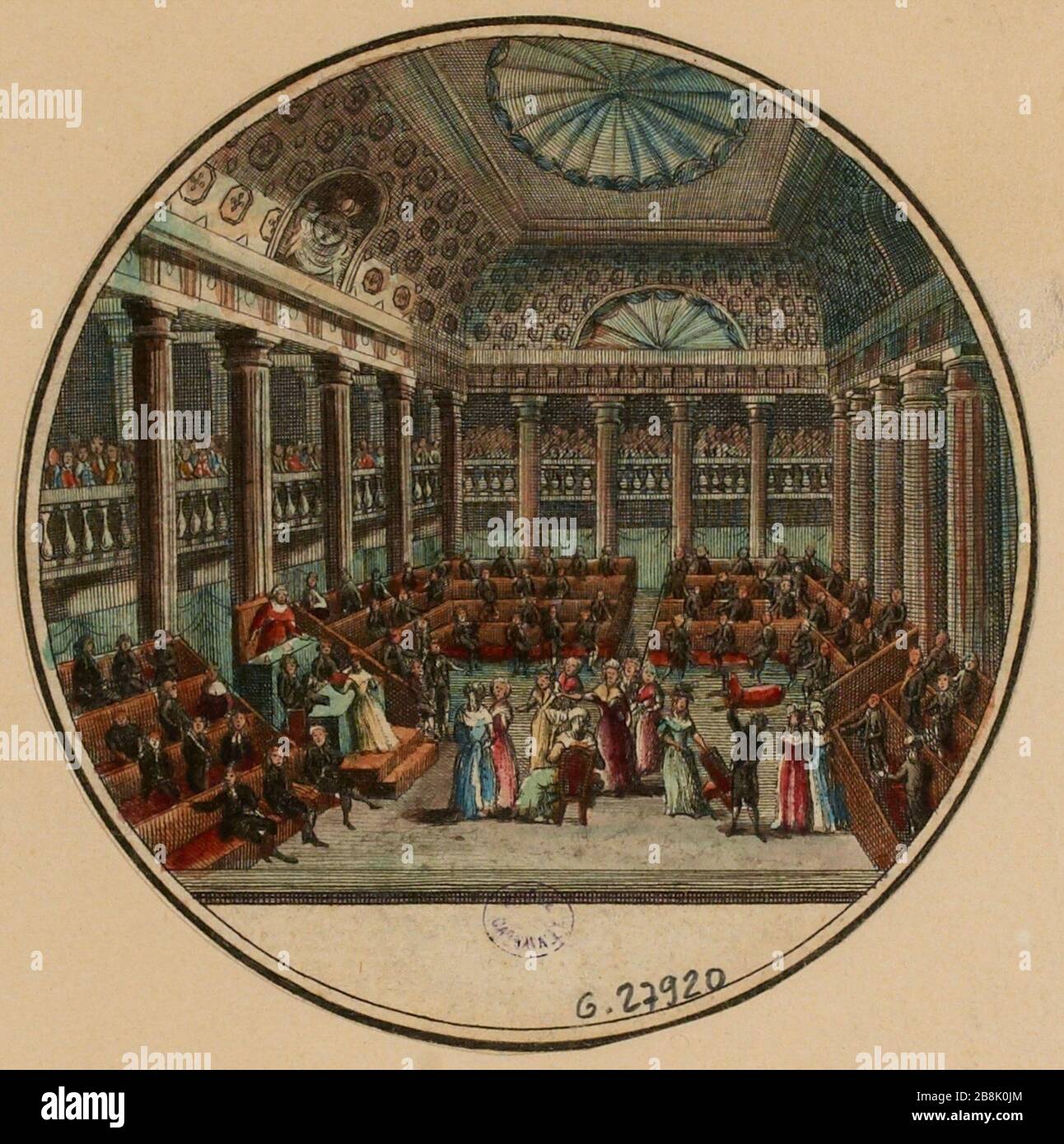 Angebote von Künstlerinnen in der verfassungsgebenden Nationalversammlung (Sitzung in Versailles), 7. September 1789. Frau Moitte überreicht ihnen eine Schmuckkassette. 34. Tabelle, Tafel 3 der Tabellen der Geschichtsgalerie oder die Ereignisse der französischen Revolution (1795-1799). (Dummy-Titel) Stockfoto