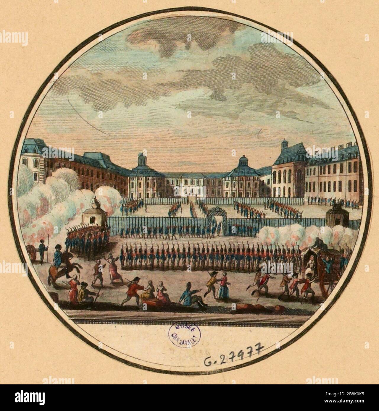 Salvo feuerte den Waffenplatz der Artillerie in Versailles, die Ankündigung der Abreise der königlichen Familie nach Paris, 6. Oktober 1789. 38. Tisch, Tafel 3 der Tabellen der History-Galerie oder die Ereignisse der französischen Revolution (1795-1799). (Dummy-Titel) Stockfoto