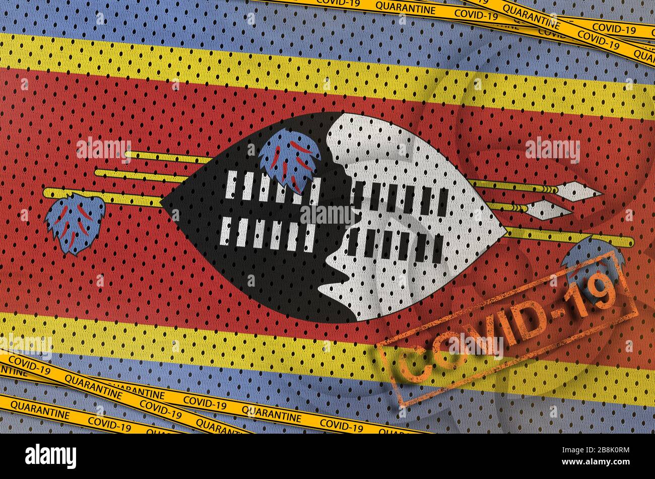 Swasiland Flag und Covid-19 Biohazard Symbol mit orangefarbenem Quarantäneband und Stempel. Coronavirus oder pandemic 2019-nCov Virus-Konzept Stockfoto