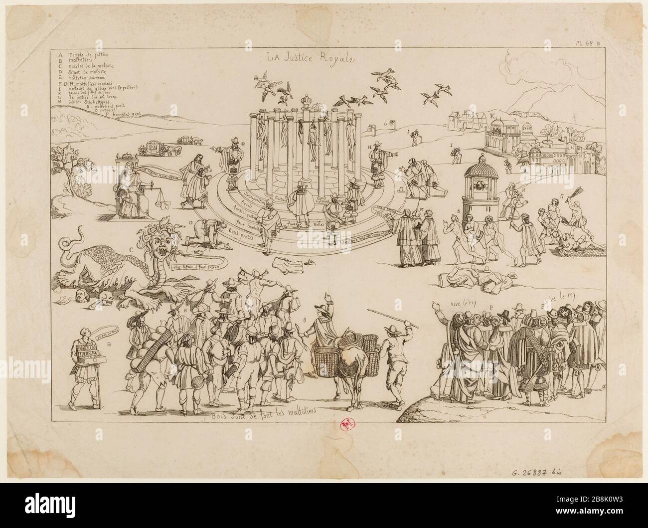 Karikatur und Allegorie der Königlichen Justiz (Ende 1789), Maltotiers, Geistliche verurteilt. Platte 68 D des Museums für Karikatur, Delloye, im Jahre 186. Ereignis der französischen Revolution. (Dummy-Titel) Stockfoto