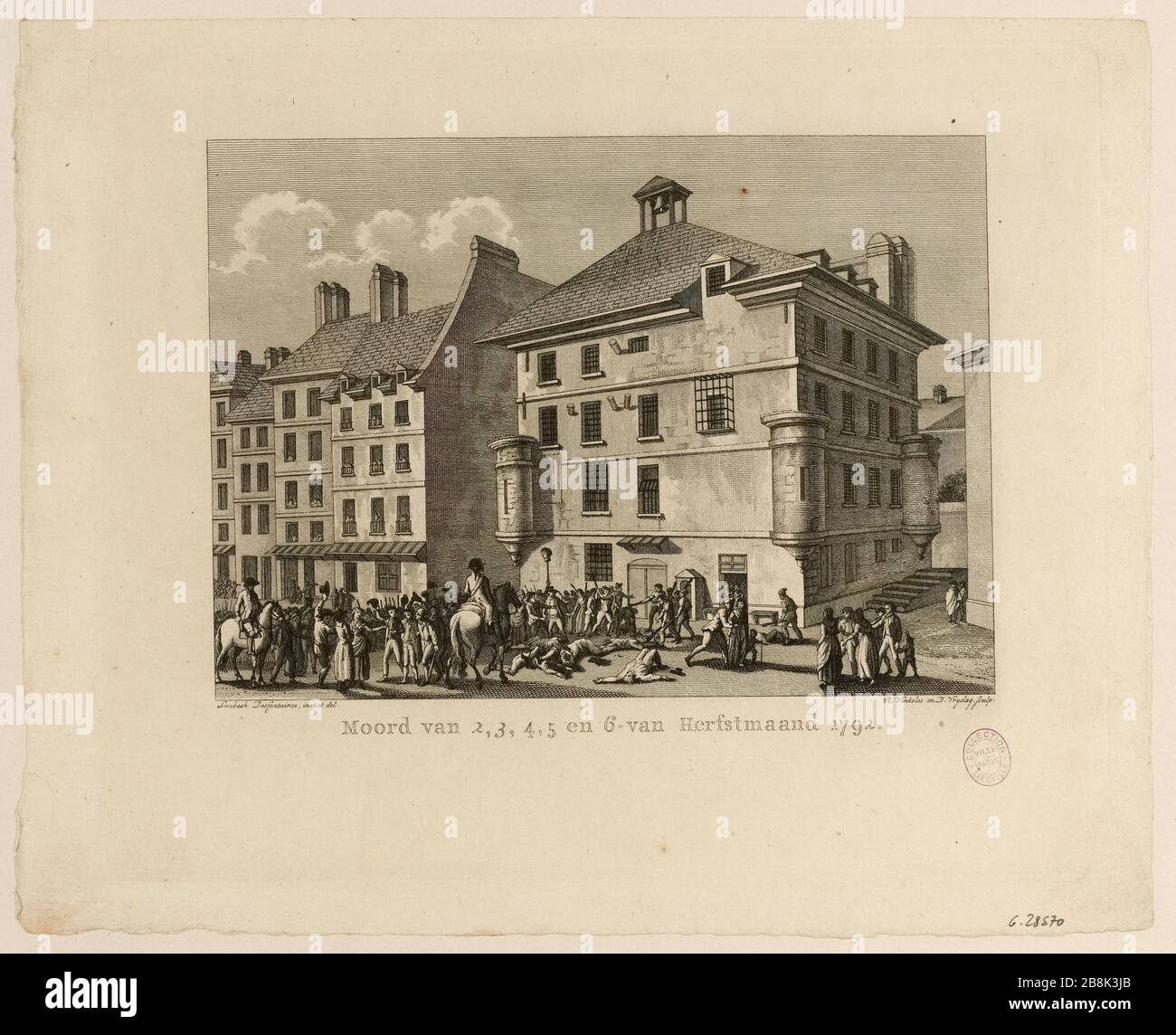 Massaker-Gefängnis-Stift vom 2. Bis 6. September 1792, Rue Sainte-Marguerite, derzeitige 137-166, Boulevard Saint-Germain und Gozlin Street, 6. Bezirk. Ereignis der französischen Revolution. 38. Chart Tafereelen van Staatsomwenteling in Frankrijk (1794-1807), T.12, S.120. (Dummy-Titel) Stockfoto