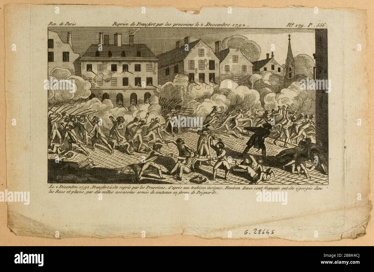 Wiederaufnahme der Stadt Frankfurt durch die Prußen, Österreicher und Hessen (Deutschland) und das französische Massaker. November 1792. Drucken Sie Nº179, S.556 des Journal of Paris Revolutions vom 8. Bis 15. Dezember. (Dummy-Titel) Stockfoto