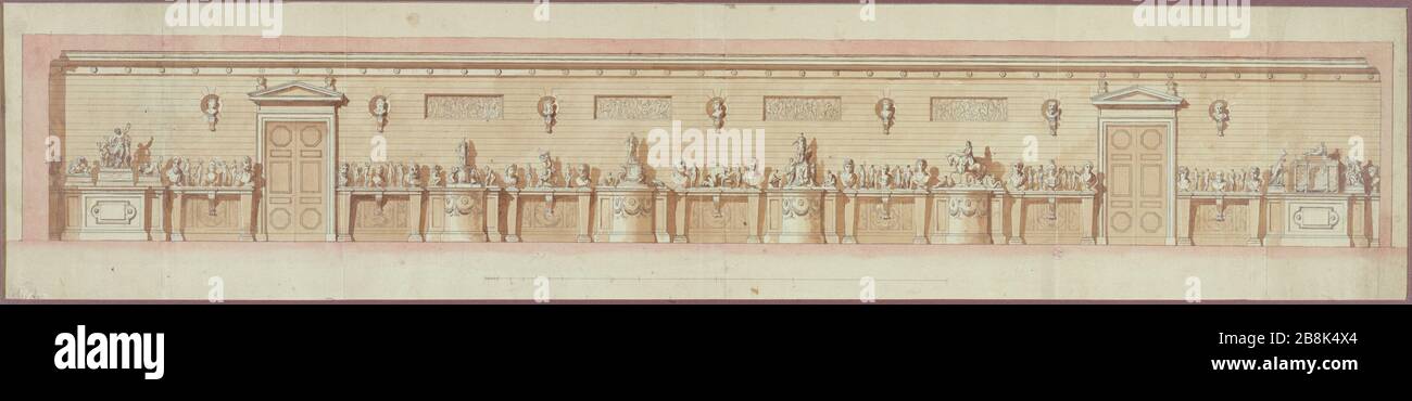 PROJEKT FÜR WANDDEKOR SÜDGALERIE DER BRONZENEN GARDEEINHEIT CROWN PLACE LOUIS XV JEAN-DÉMOSTHÈNE DUGOURG (1749-1825). "Projeet de decor pour le mur Sud de la Galerie des bronzes du Garde-meuble de la Couronne, Place Louis XV", 1715. Dessin. Paris, musée Carnavalet. Stockfoto