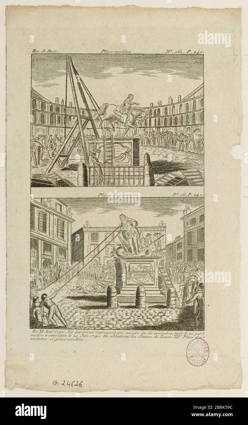 Französische Revolution: Tag, 11. August 173: Reiterstatue von Ludwig XVI. Von Desjardin, Place des Victoires, und Fußgängerstatue von Ludwig XVI. Von Girardon Vendôme, vom Volk geschlachtet. 1. Und 2. Bezirk. Nº161, S.240, 4-11. August 1792, die Zeitung "Revolutions de Paris Prud'homme" (Dummy-Titel) Stockfoto