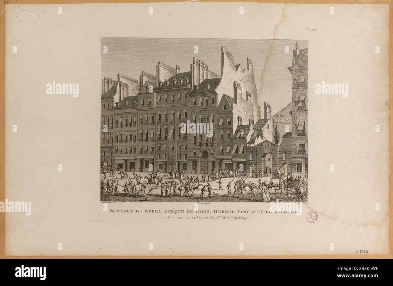 Französische Revolution: Die Kutschen-Hebertisten überführen auf dem Weg zum Gerüst, vorbei am Jakobinerklub, Rue Saint Honore. Brett nº96 historische Tabellen der französischen Revolution (Dummy-Titel) Stockfoto
