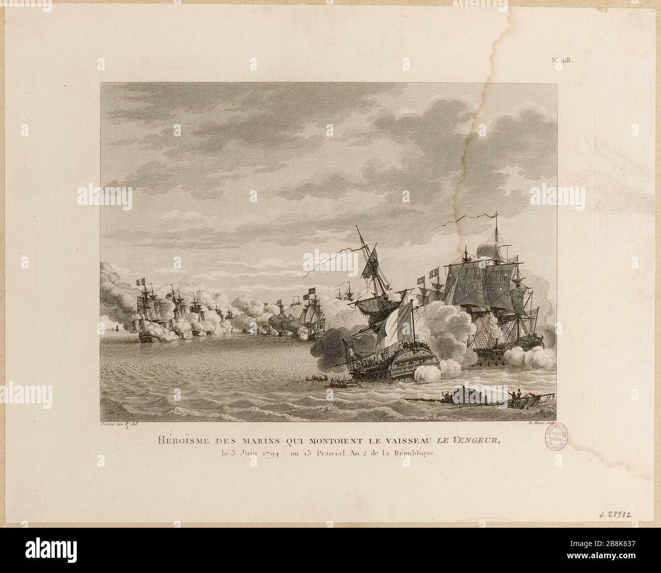 Französische Revolution: 12 Prairialjahr II oder Tag 2. Juni 1794. Die Avenger wurde von einem britischen Geschwader vor Ushant versenkt. Nº99-Brett der historischen Tabellen der französischen Revolution (TF) Stockfoto