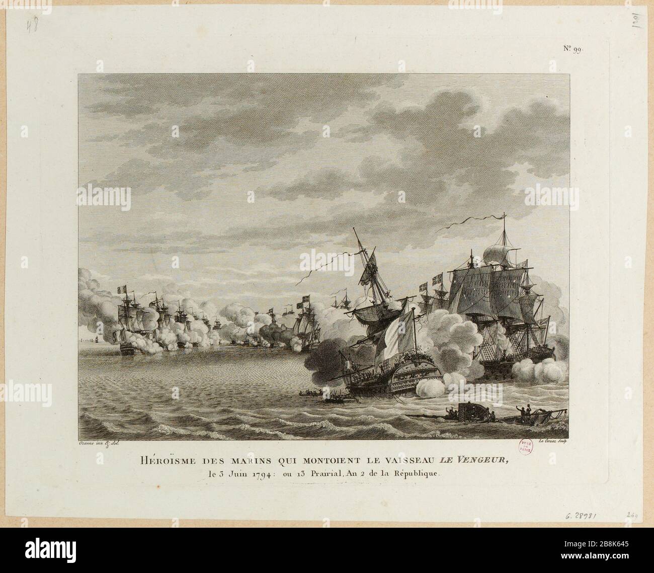 Französische Revolution: 12 Prairialjahr II oder Tag 2. Juni 1794. Die Avenger wurde von einem britischen Geschwader vor Ushant versenkt. Nº99-Brett der historischen Tabellen der französischen Revolution (TF) Stockfoto