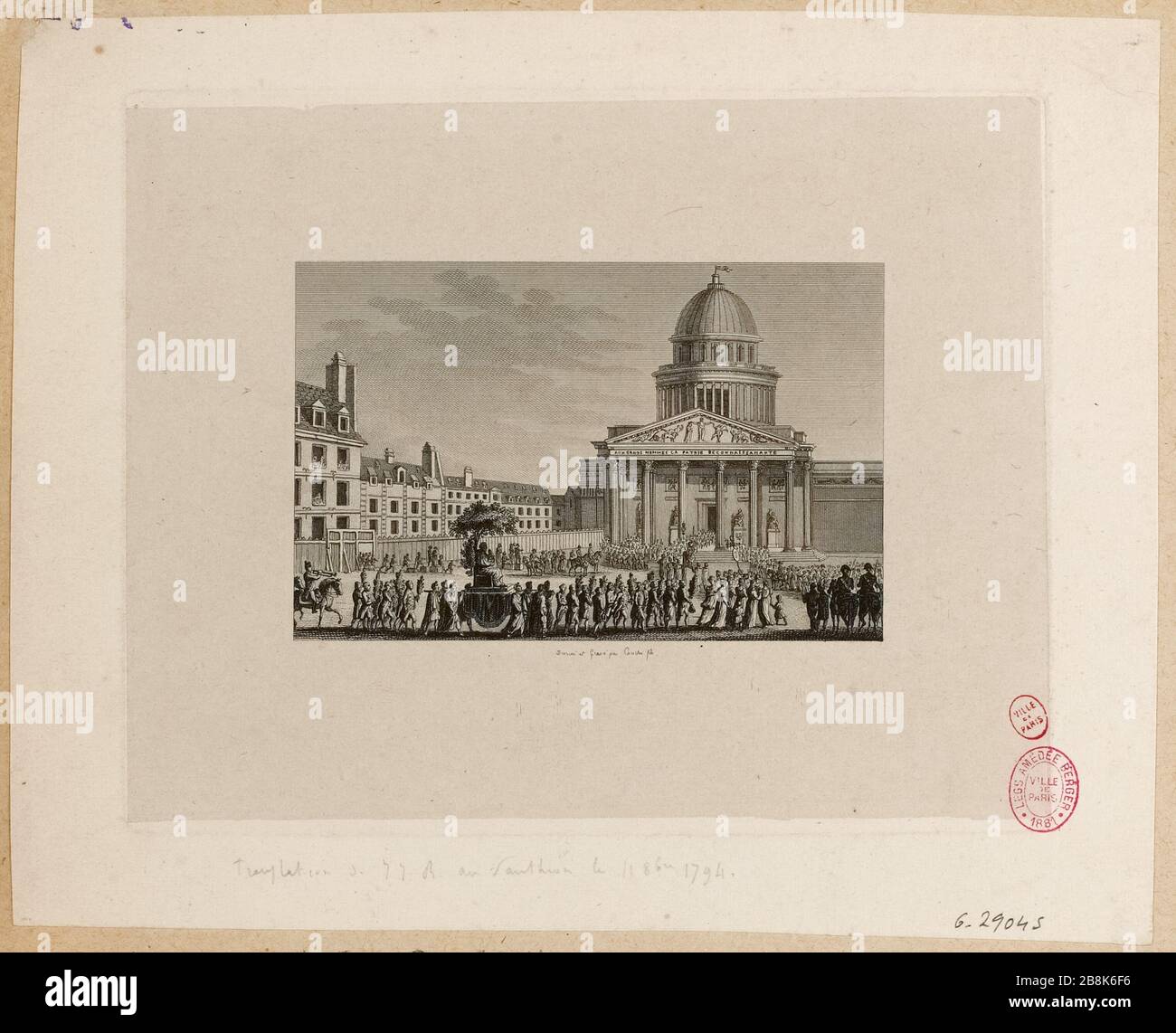 Apotheose von Jean-Jacques Rousseau, Prozession der Übersetzung seiner Überreste in das Pantheon, College von Montaigu (derzeit 5. Bezirk), 11. Oktober 1704 (20. Vendemiaire Jahr III). Französische Revolution. (Dummy-Titel) Stockfoto