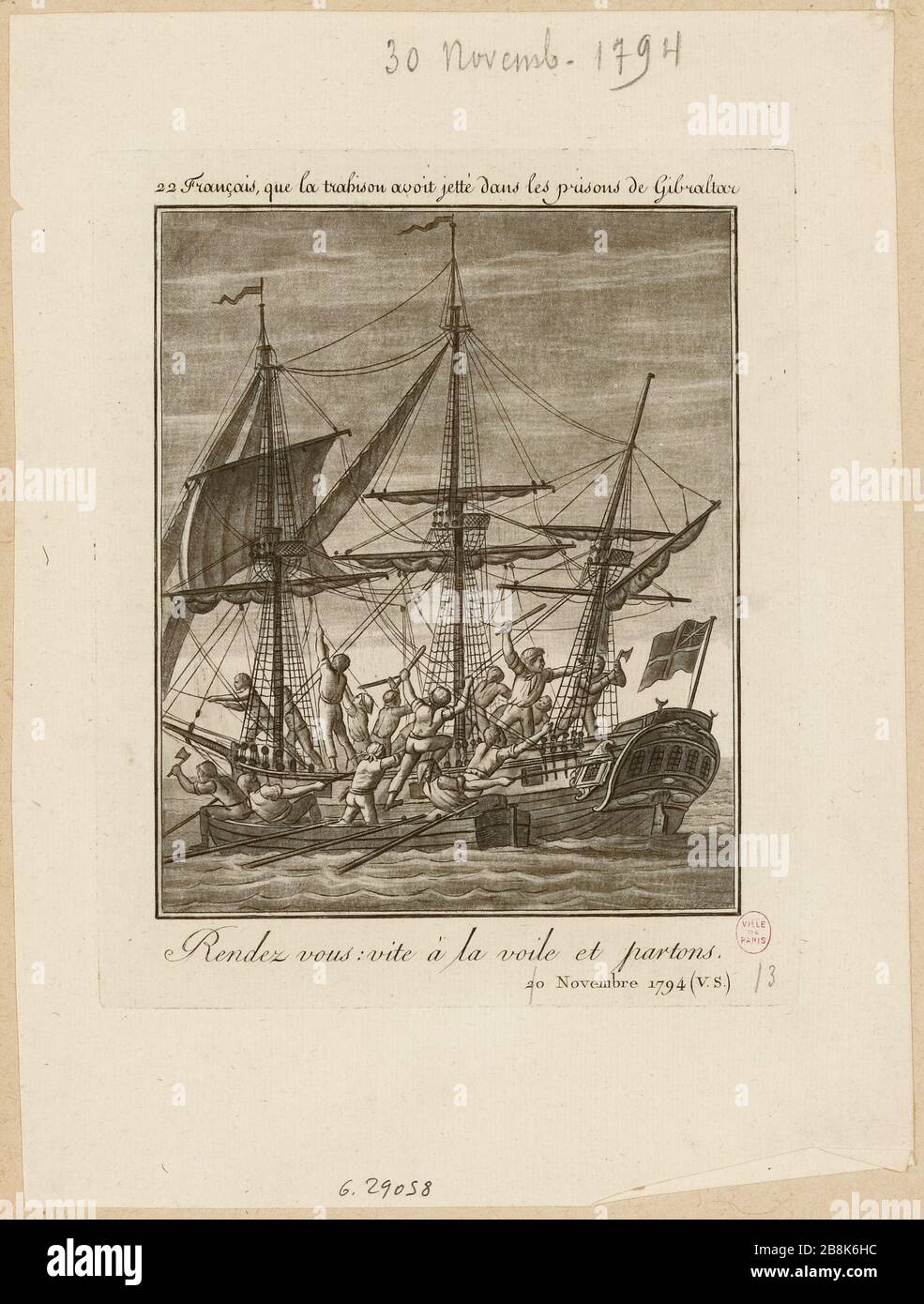 Französische Revolution. Fluchtboot in 22 französischen Seeleuten der englischen Gefängnisse von Gibraltar, 30. November 1704 (9. Frimaire Jahr III). Pl.. Die Pracht der Franzosen, in-4º (Dummy-Titel) Stockfoto