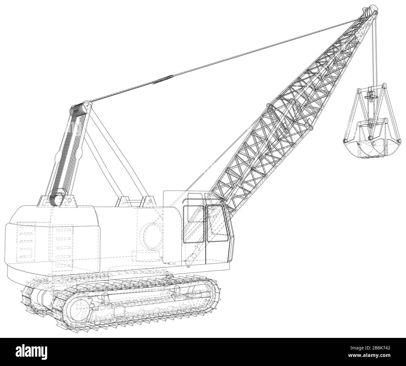Dragline für den Kohlebergbau. Der Eimer ist riesig. Die Ebenen der sichtbaren und unsichtbaren Linien werden getrennt. Drahtrahmen. Stock Vektor