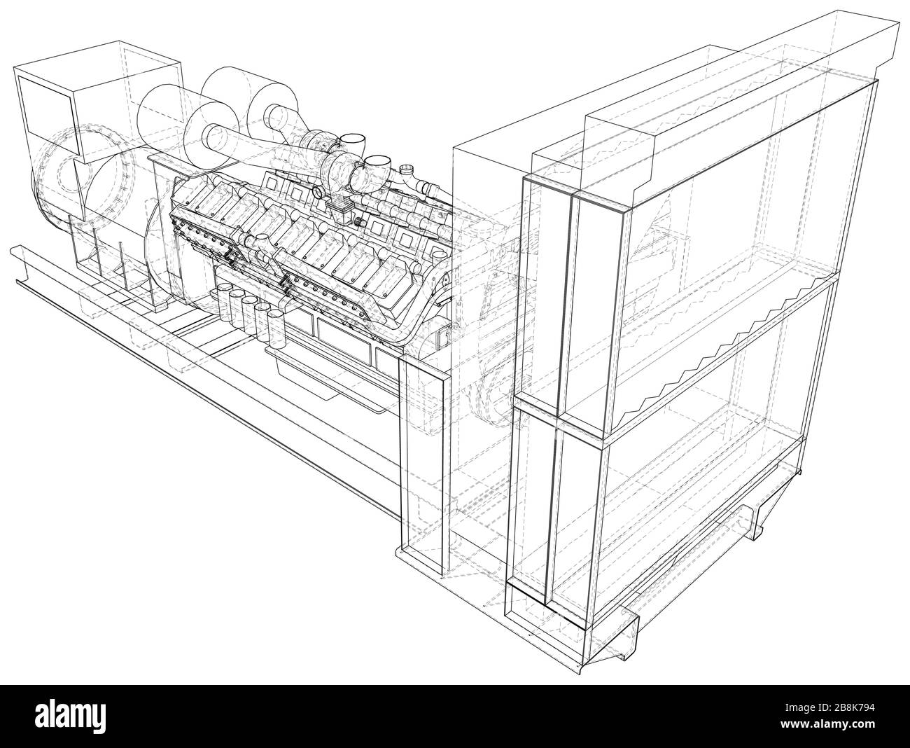 Gasmotor. Gasmotor ist ein Verbrennungsmotor, der mit einem Treibstoff betrieben wird. Drahtrahmenlinie isoliert auf weiß. Vektordarstellung von 3d. Stock Vektor