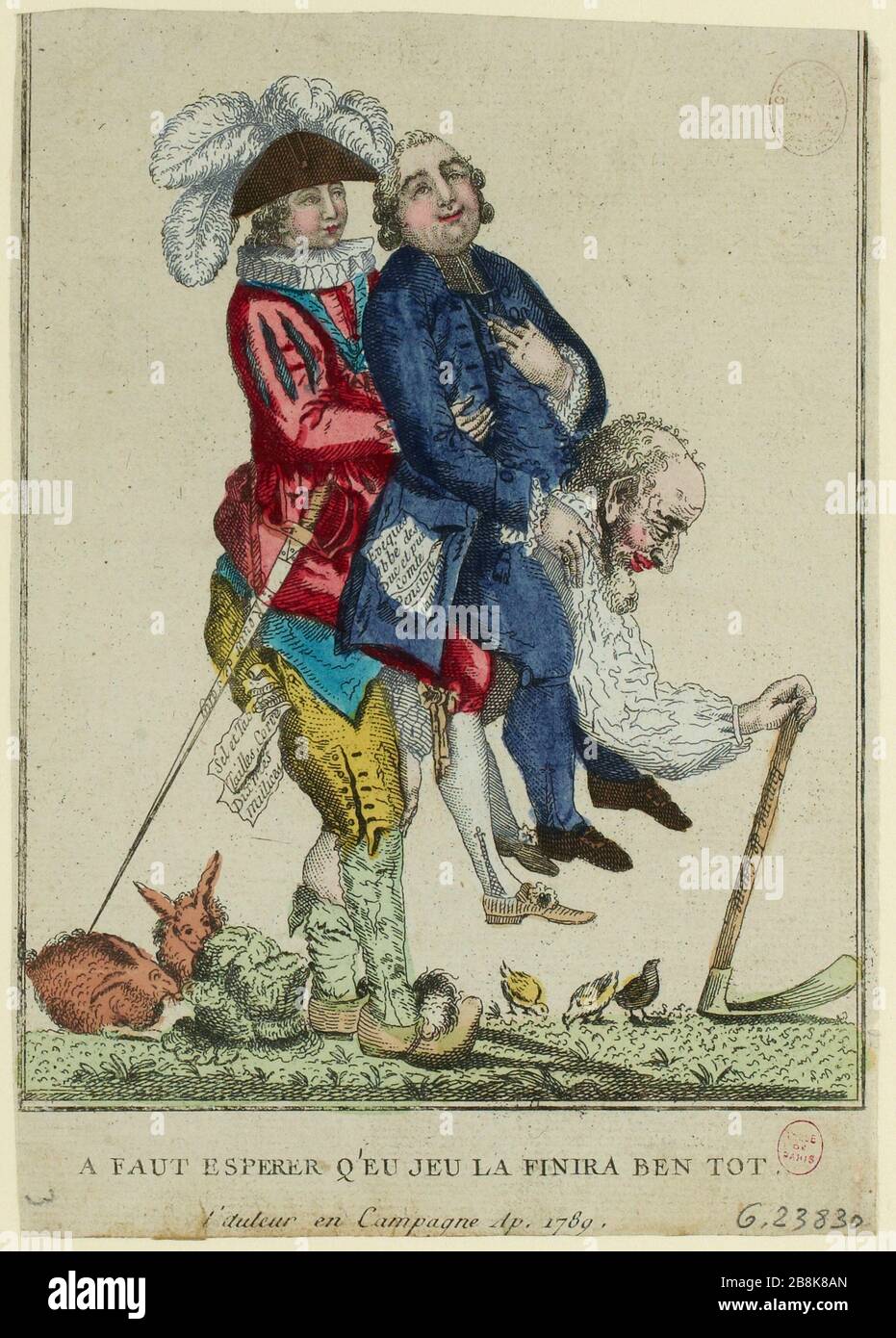 Französische Revolution. Altes Regime. Cartoon zu den drei Anordnungen: Der dritte Staat, der den Klerus und den Adel zurückführt. 1789. (TF) Stockfoto
