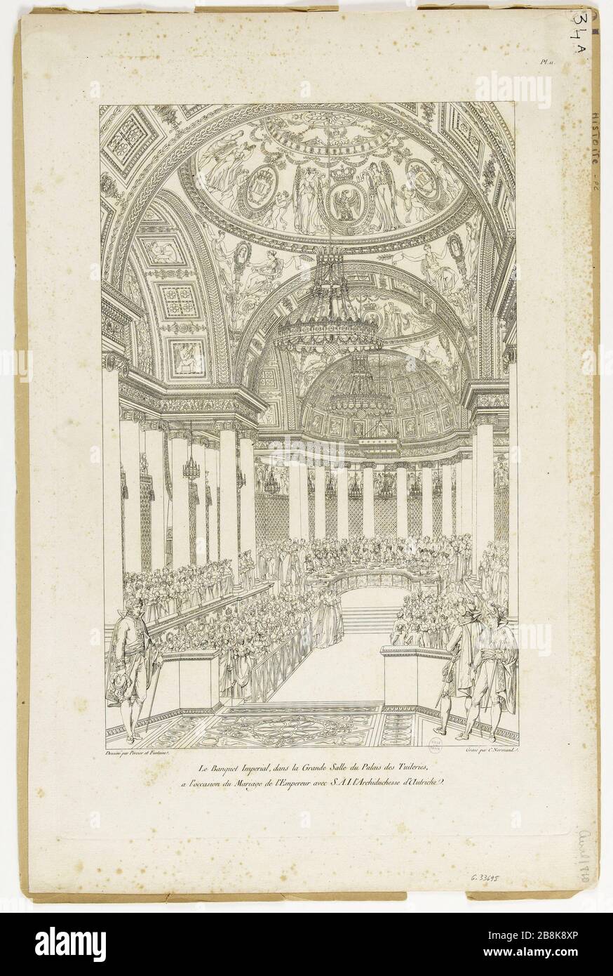 Das Bankett Imperial, im großen Saal des Palastes der Tuilerien, anlässlich des Kaisers heiratet S.A.I. Erzduchess von Österreich. Charles-Pierre-Joseph Normand (1765-1840) d'après Charles Percier (1764-186) et Pierre-François-Léonard Fontaine (1762-1853), architectes. Album du mariage de 1810. Le Banquet Impérial, dans la Grande Salle du Palais des Tuileries, à l'anqué du Mariage de l'empereur Napoléon Ier et de l'impératrice Marie-Louise d'Autriche. Eau-forte. Paris, musée Carnavalet. Stockfoto