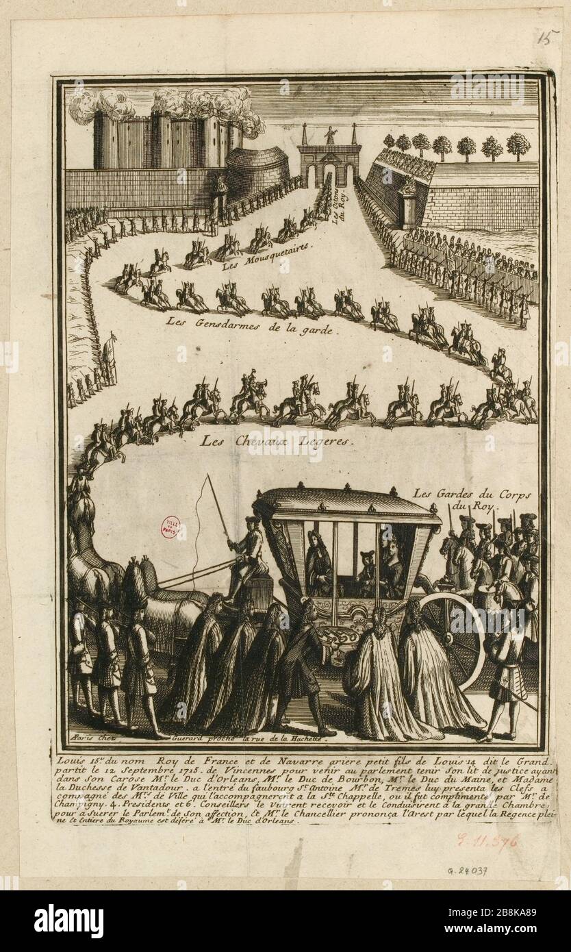 Louis 15. Roy im Namen Frankreichs und der Arteria Navarra sagte der kleine Sohn Louis, den 14 Grand. Am 12. September 1715. Vincennen, um ins parlament zu kommen, hält ein Bett der Gerechtigkeit [...] (TI) Stockfoto
