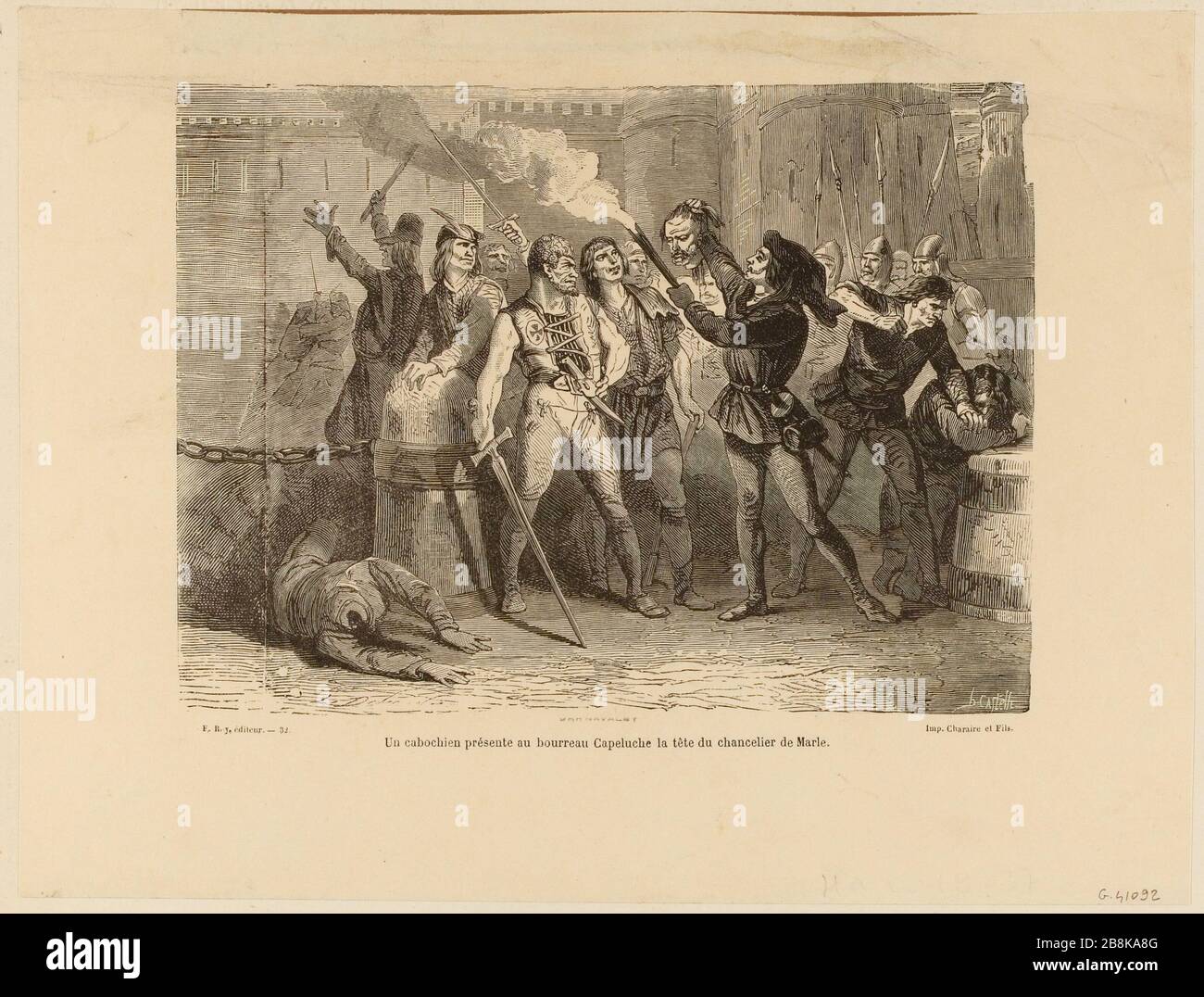 Ein Cabochien hat bei Scharfrichter Capeluche den Chef von Kanzlerin Marle. (TI) Stockfoto