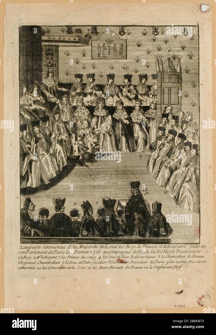 Die augustfeierlichkeiten der Mehrheit von Louis XV, König von Frankreich und Navarra machten sie im Februar 1723 zum Parlament von Paris [...] (TI) Stockfoto