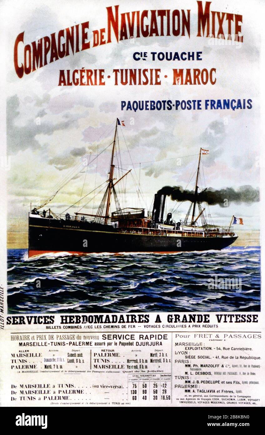 Vintage-Werbung oder Poster für Mittelmeer-Fähren von Marseille nach Algerien, Tunesien und Marokko. Anfang c20. Illustration Stockfoto