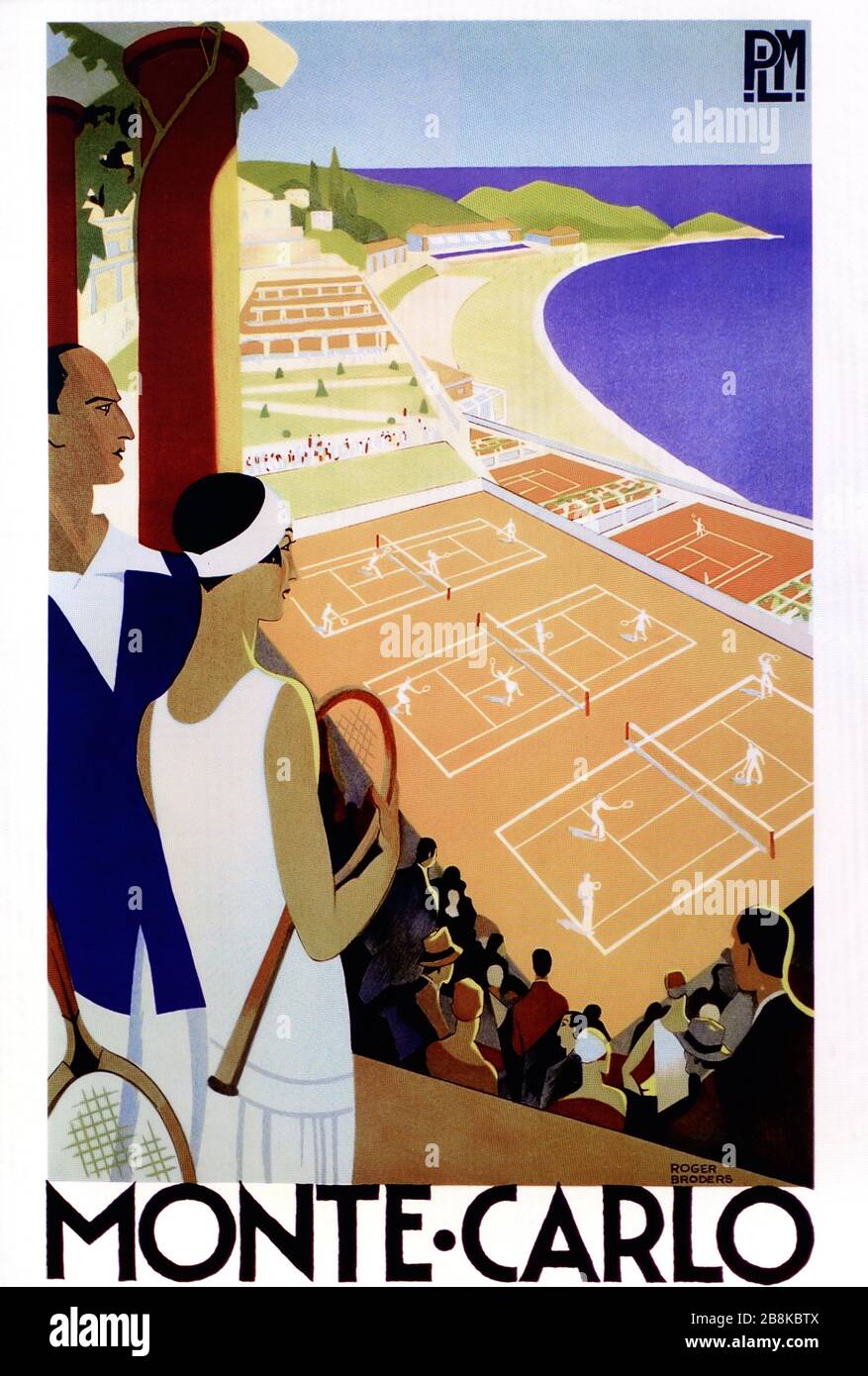 Tennis-Turnier von Monte Carlo, Monte Carlo Country Club (MCCC) und Tennisclub Monaco (1920er Jahre). Klassische PLM-Illustration, Poster oder Werbung von Roger Broders 1920er Jahren. Stockfoto