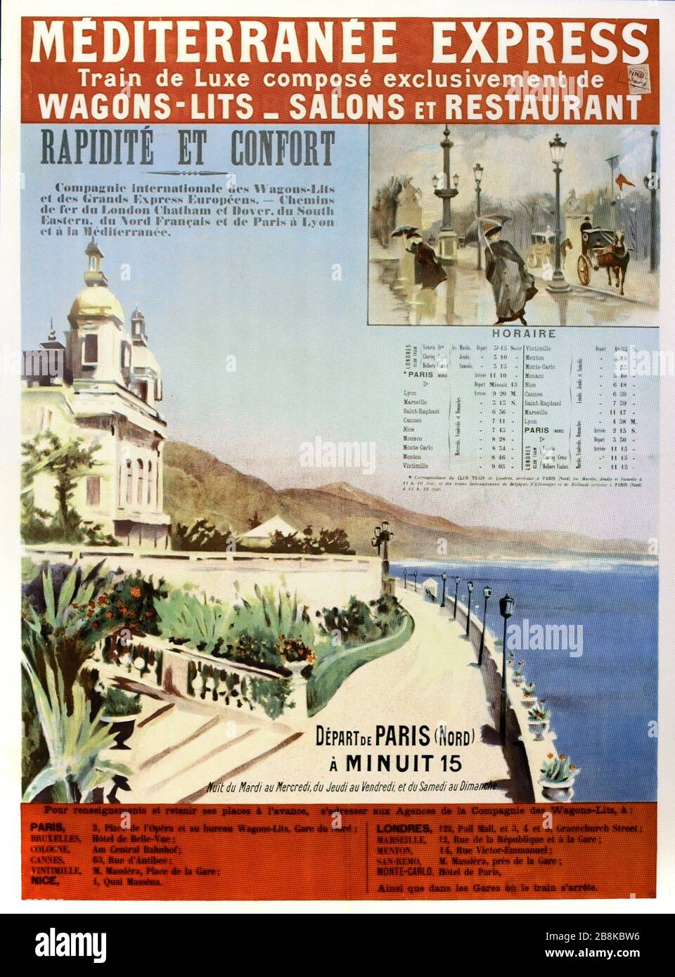Vintage-Werbung für PLM French Railways von Paris nach Monte Carlo Monaco mit dem Nachtzug. Altes Poster, Werbung oder Illustration aus dem frühen 20. Stockfoto