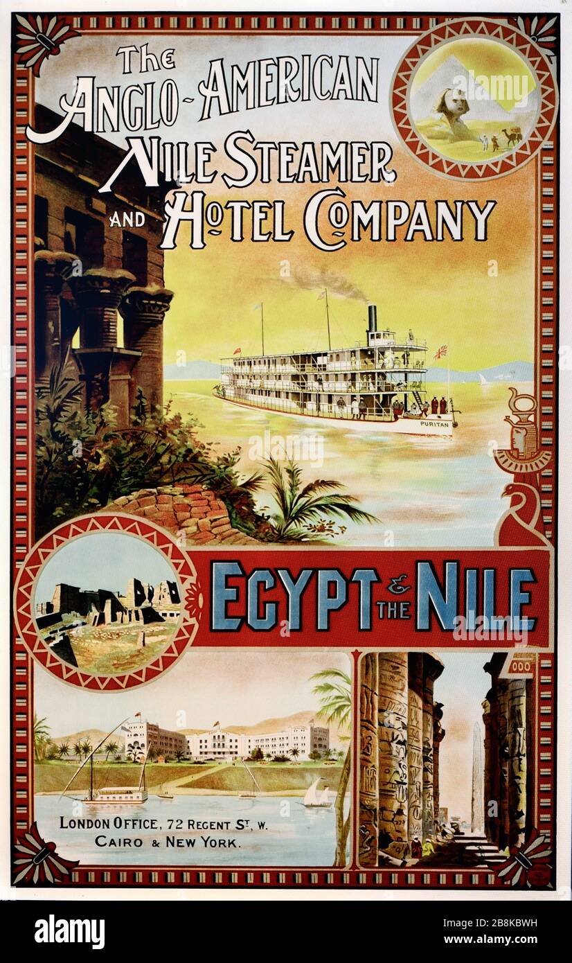 Frühe Bootstour, Dampfschiff oder Cruiser auf dem Nil Ägypten durch den angloamerikanischen Nildampfer und die Hotel Company. Vintage-Poster, alte Werbung oder Illustration Anfang des 20. Stockfoto