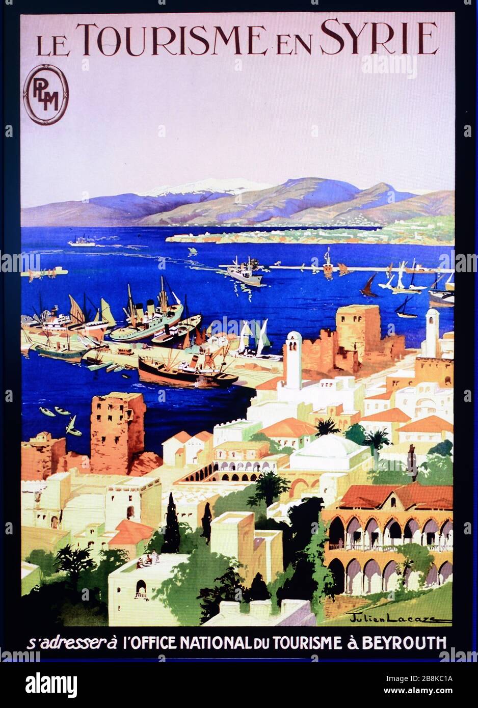 Syrischer Tourism Vintage PLM-Poster, Werbung oder Illustration, die die Hafenstadt Tatus Syriens zeigt. Vintage-Poster von Anfang des 20. Stockfoto