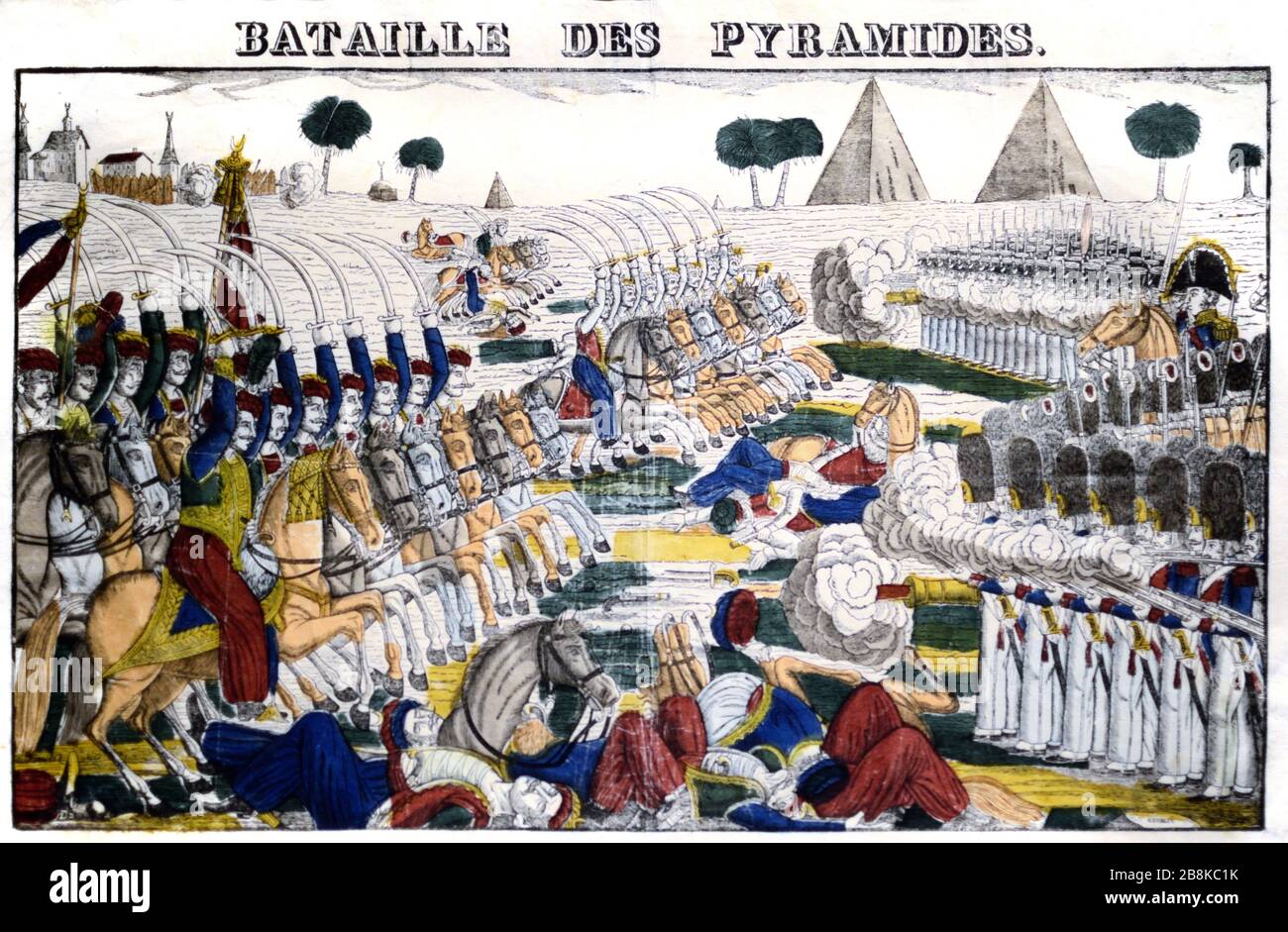 Schlacht der Pyramiden Ägypten (von 1798) alias Schlacht von Embabeh während der französischen Invasion Ägyptens unter Napoleon Bonaparte. Die Schlacht war Teil der französischen Revolutionskriege und war ein entscheidender französischer Sieg gegen die osmanische Armee. c 19. Gravur. Stockfoto