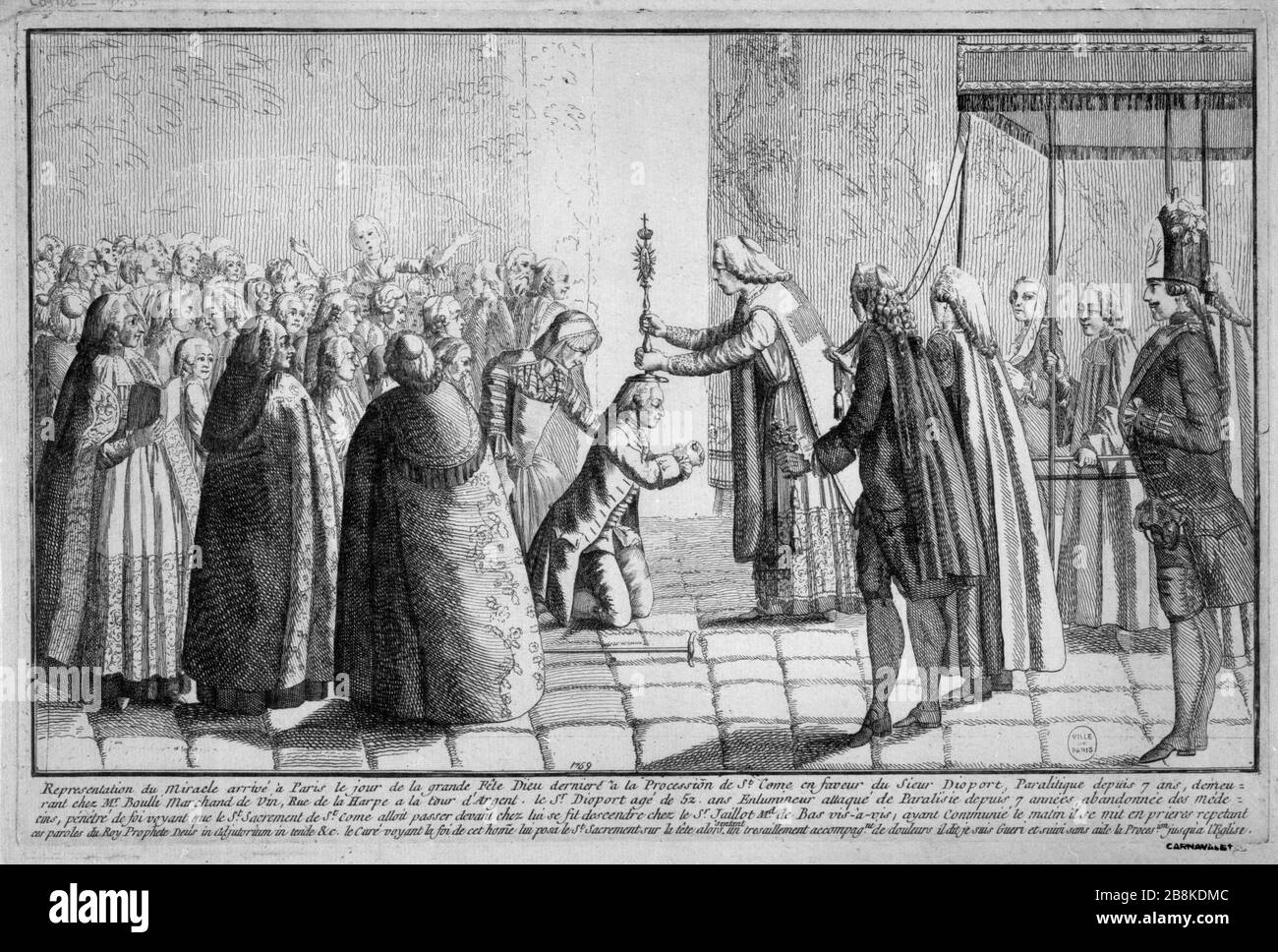 WUNDER ZUGUNSTEN VON HERRN DIOPORT, paralytisch DER TAG DER GROSSEN PARTEI GOTTES, "Représentation du miracle arrivé à Paris le jour de la grande Fête Dieu dernière à la Procession de Saint Côme en faveur du sieur Dioport, paralytique depuis 7 ans... '. 17659. Paris, Musée Carnavalet. Stockfoto