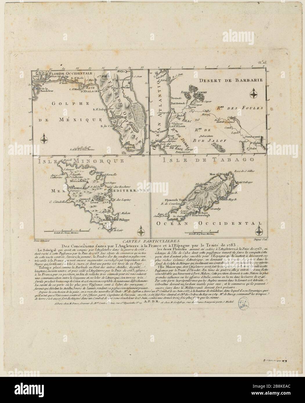 Nr. 15 / Sonderkarten Zugeständnisse Englands an Frankreich und Spanien durch den Vertrag von 1783. (TI) Stockfoto