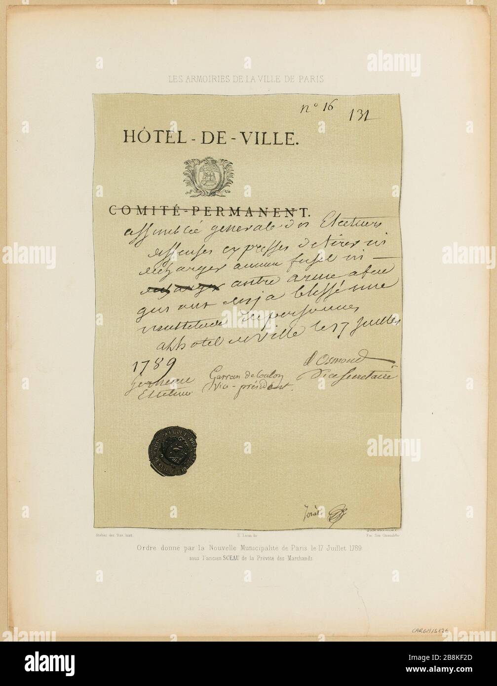 Die Waffen der Stadt Paris / neue Anordnung der Stadtverwaltung von Paris 17. Juli 1789 / unter dem alten Siegel des Provost der Kaufleute. (IT) Stockfoto