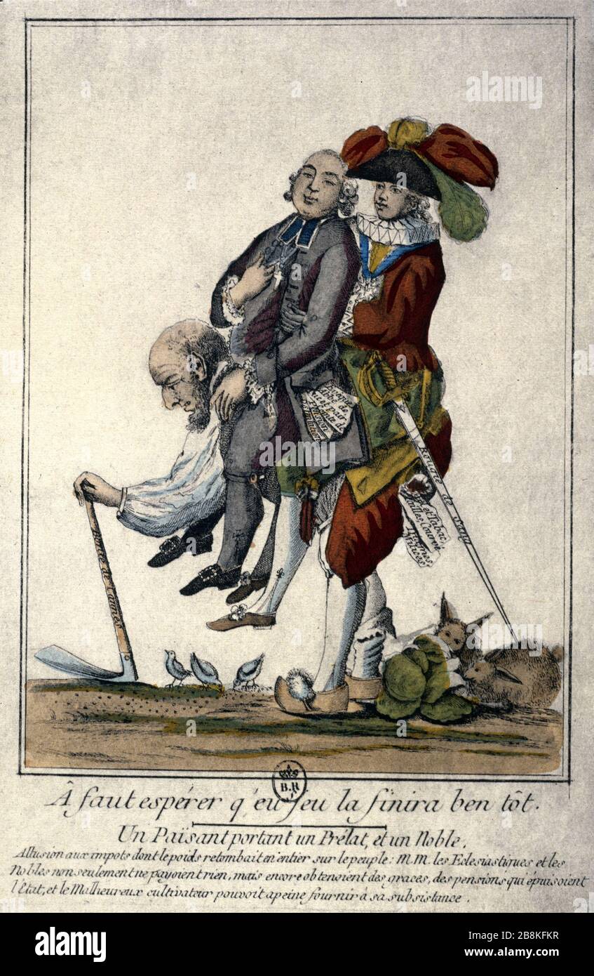 A MUSS DIE HOFFNUNG spielen Q'EU BEN WIRD FRÜH ENDEN (UN Paisan TRÄGT PRÉRELATE UND NOBLE) 'A faut espérer q'eu jeu la finira ben tôt (un païsan portant un prélat et un noble)'. Imprimé en couleur. Paris, musée Carnavalet. Stockfoto