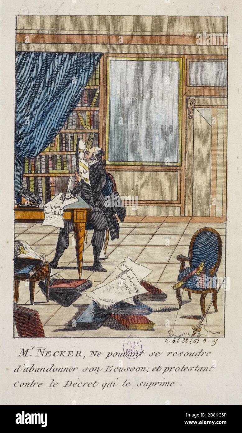 Herr Necker kann beschlossen werden, sein Abzeichen aufzugeben und gegen das Dekret zu protestieren, das "Monsieur Necker ne pouvant se Résoudre d'abandonner son écusson et protestant contre le décret qui le supprime" ausräumt. Estampe. Paris, musée Carnavalet. Stockfoto