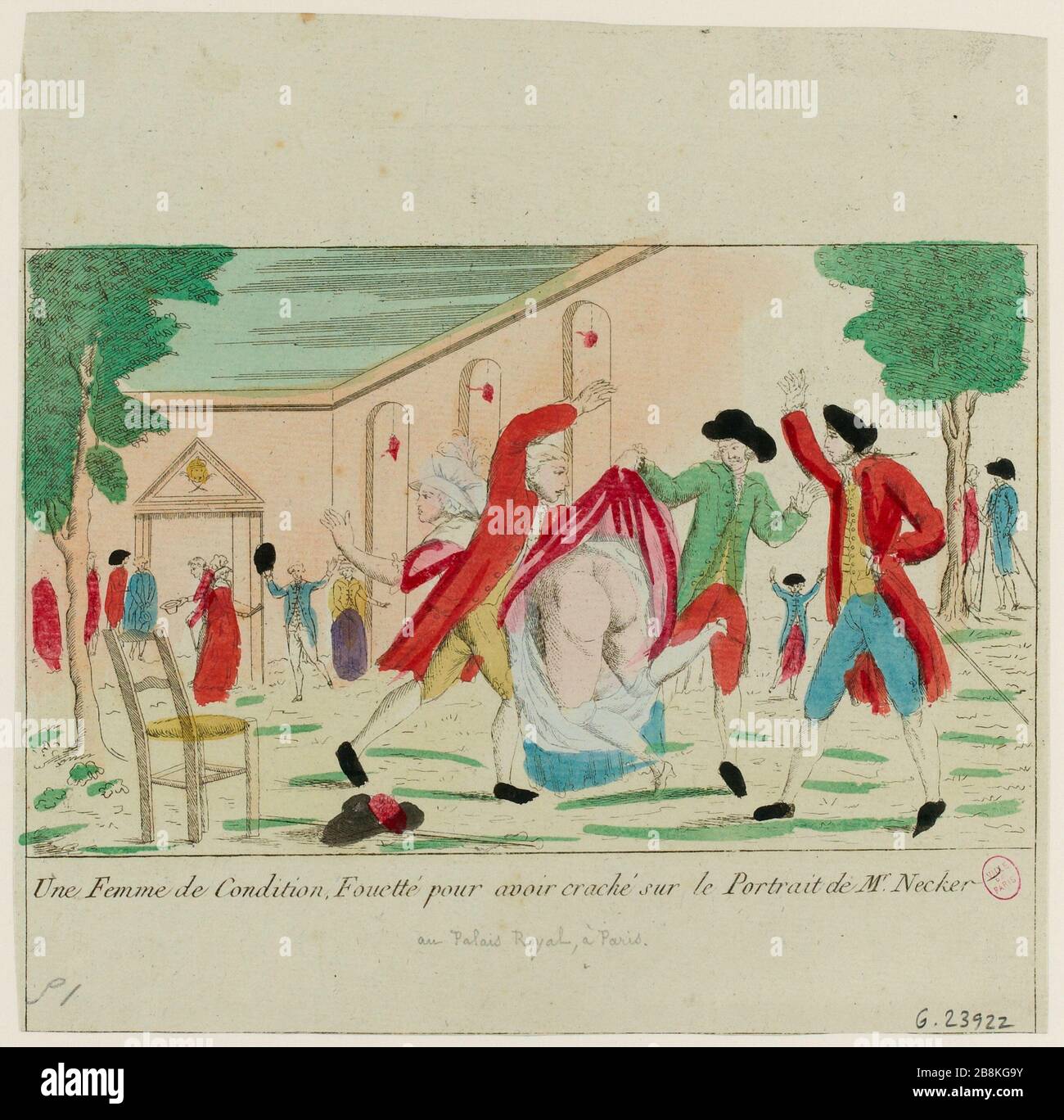 Eine Frau, peitscht zum Spitting auf dem Porträt von Mr. Necker (IT) Stockfoto