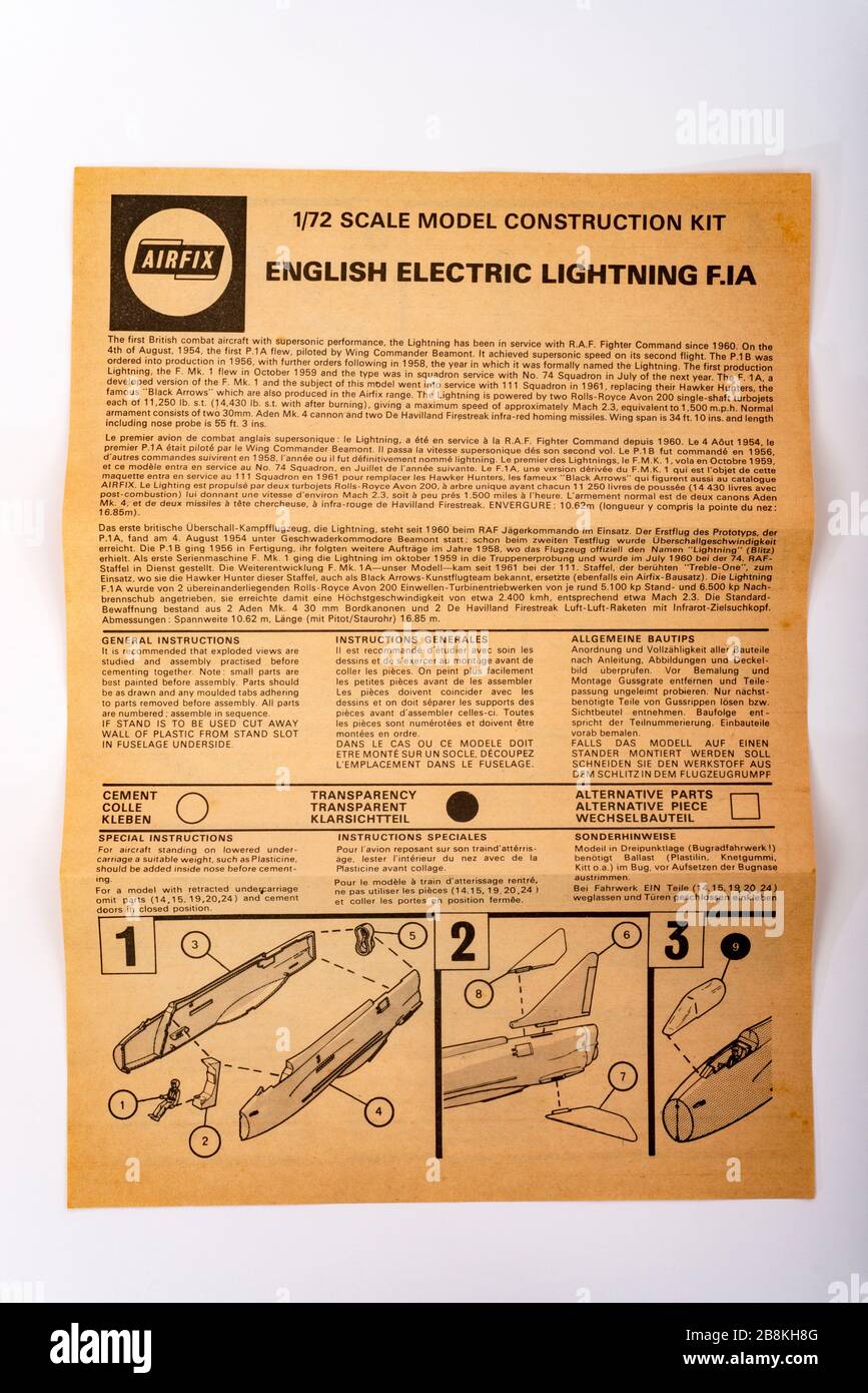 Vintage Airfix Englisch Electric Lightning Scale Modellanleitungen Stockfoto